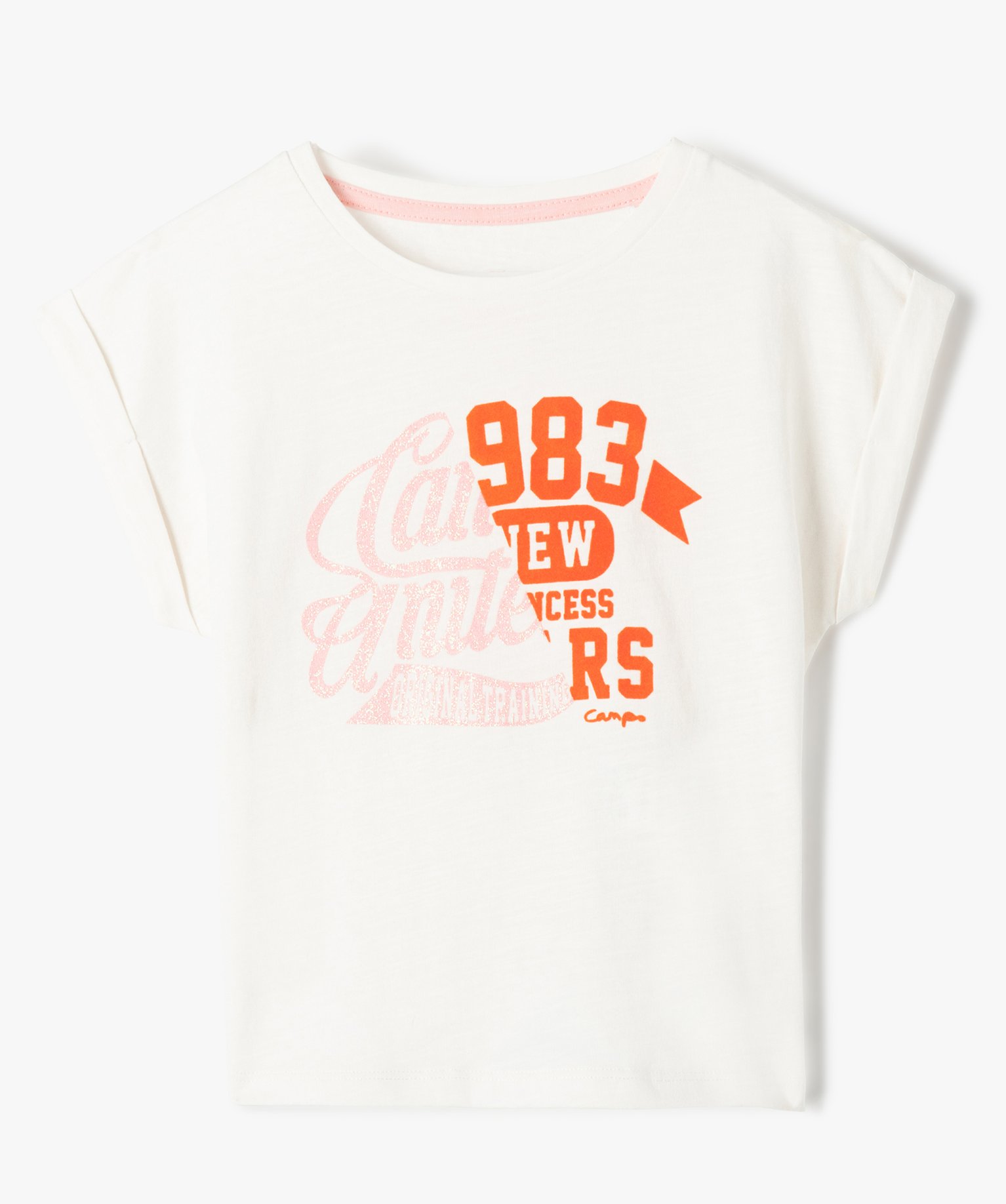 Tee-shirt fille à manches courtes avec revers cousus - Camp... blanc | GEMO
