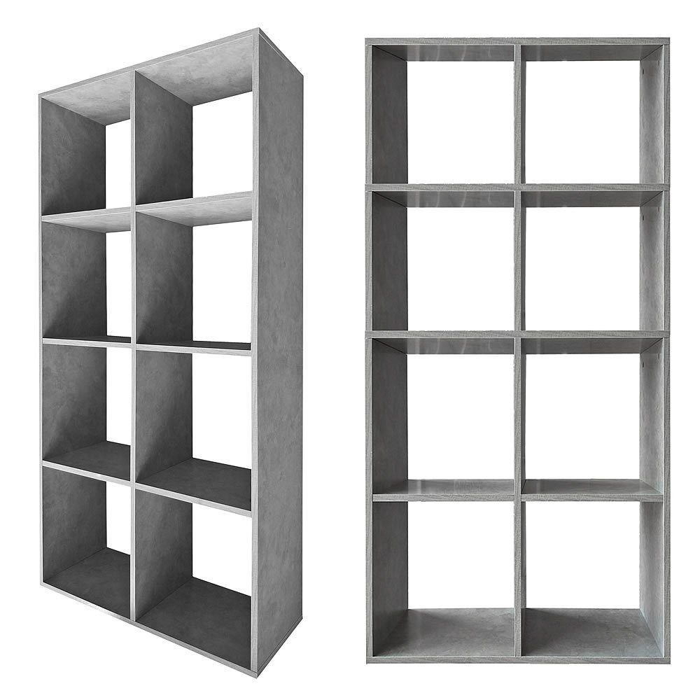 Melko Raumteilerregal Holzregal Raumtrenner in Betongrau mit 8 Fächer Bücherschrank Regalwand Kinderregal, Stück, Melaminbeschichtet