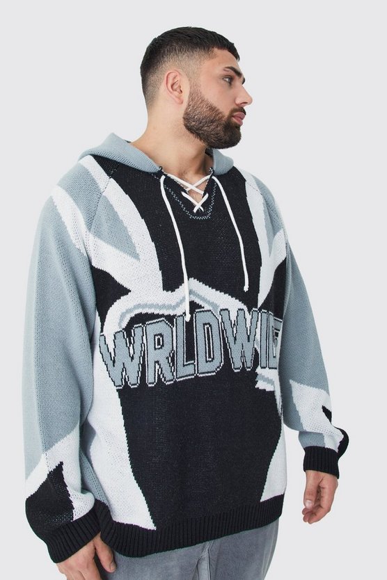 Plus geschnürter Oversize Hockey-Pullover mit Kapuze