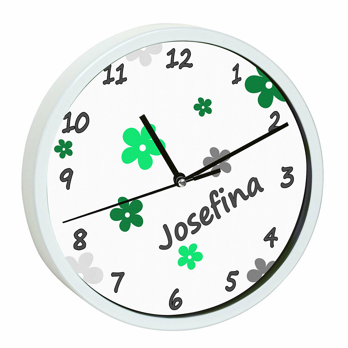 Kinder Wanduhr personalisiert mit Name Blumen Apfelgrün