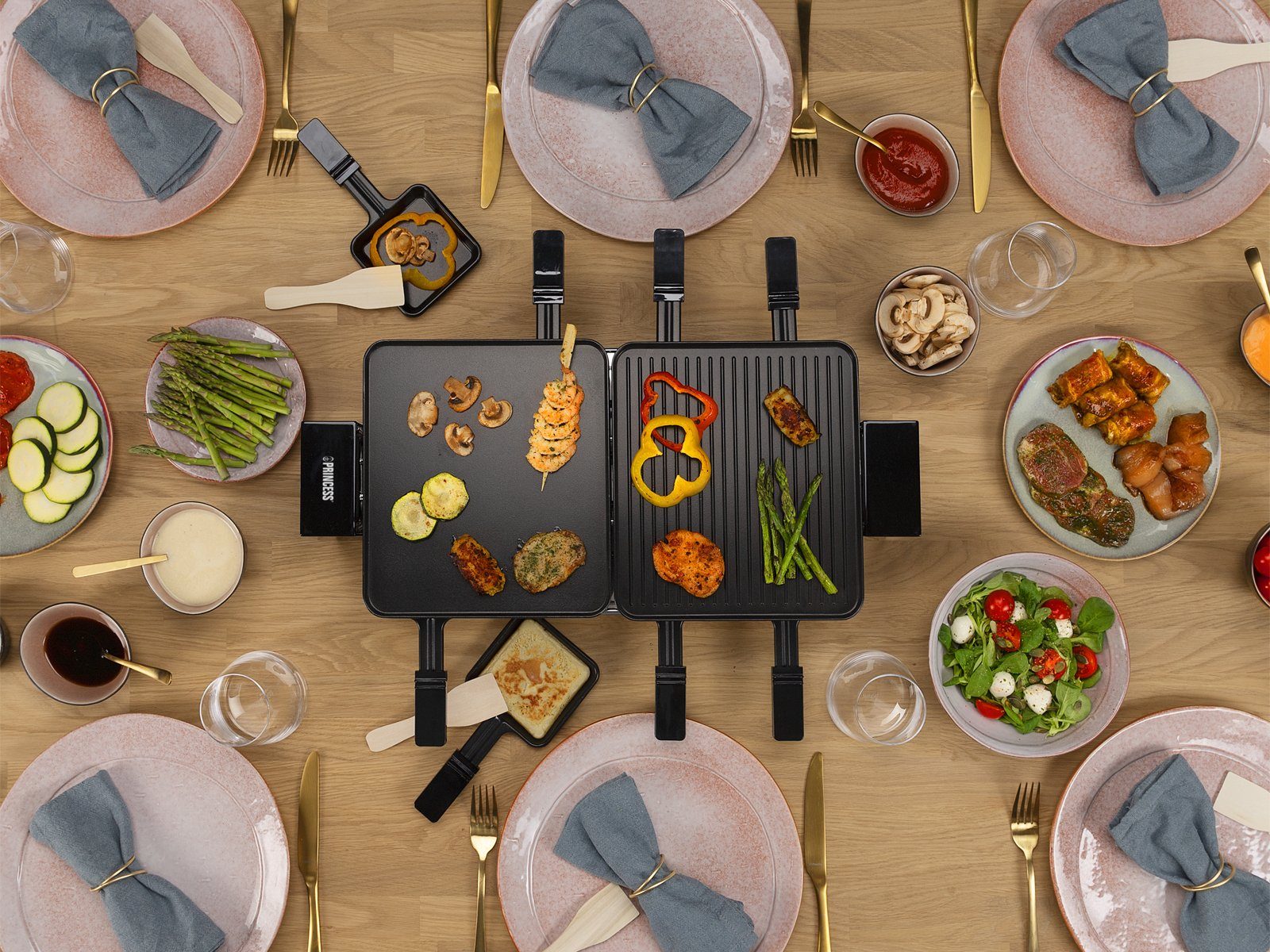 Setpoint Raclette, 8 Raclettepfännchen, 1200 W, Tischgrill-Gerät 2-8 Personen, Parkdeck gegen angebrannte Pfännchen