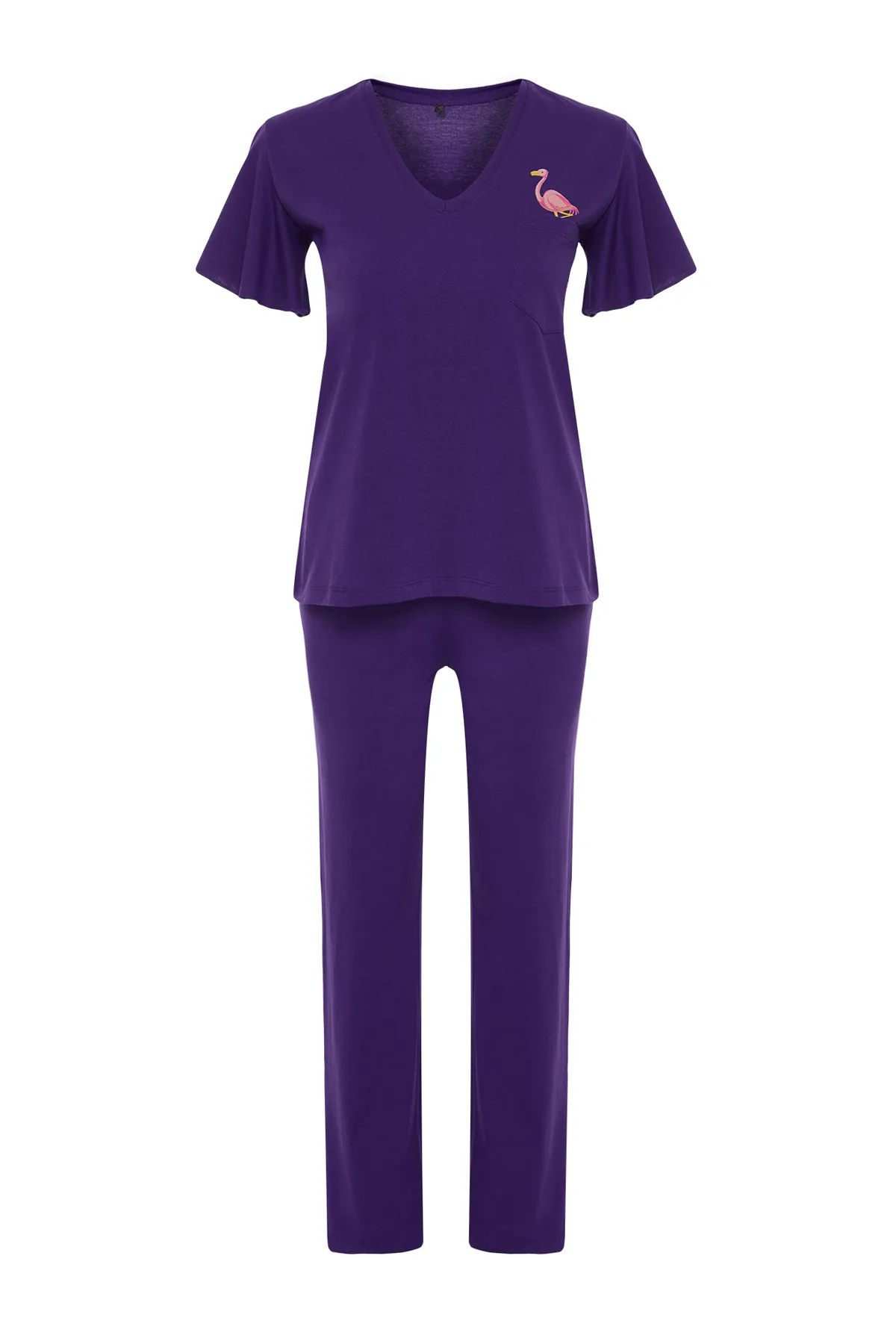 Trendyol Collection  Lilafarbenes Pyjama-Set aus Baumwolle mit Flamingo-Aufdruck und Schwungrad-Detail THMSS20PT0172