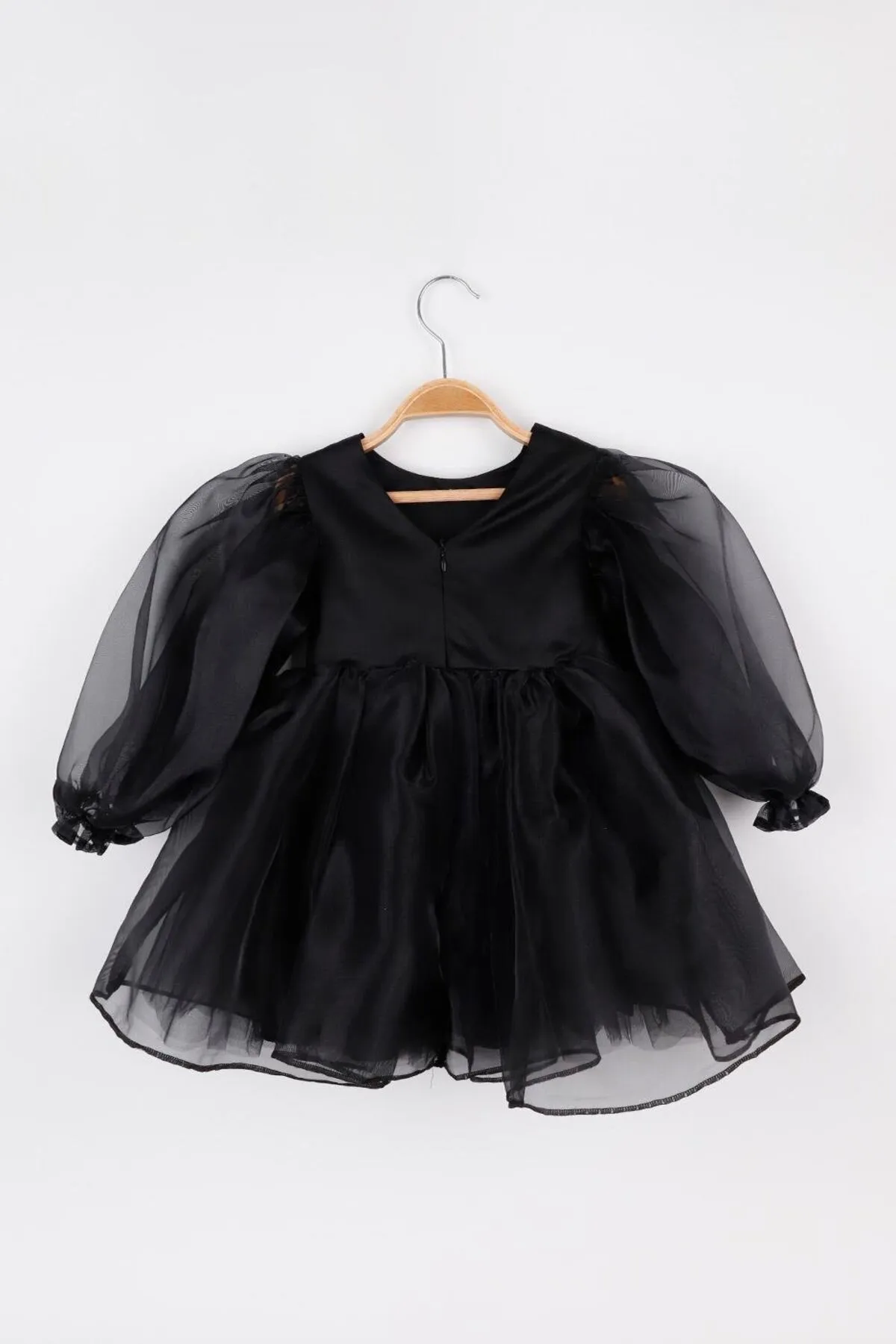 Le Mabelle  Schwarzes, langärmliges Organza-Partykleid für Mädchen – Salbei