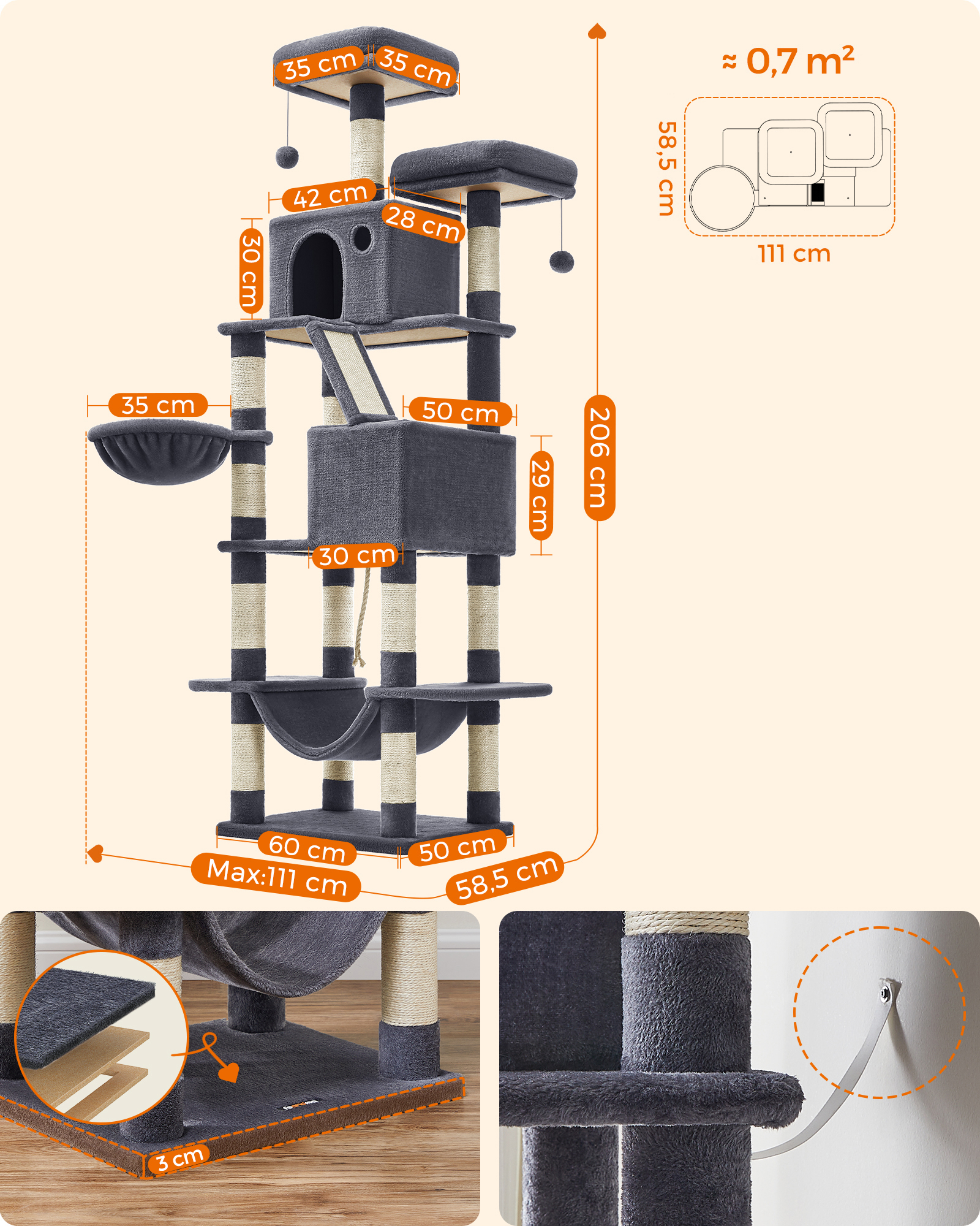 FEANDREA Kratzbäume FEANDREA Katzenbaum XXL 206cm Rauchgrau dunkelgrau