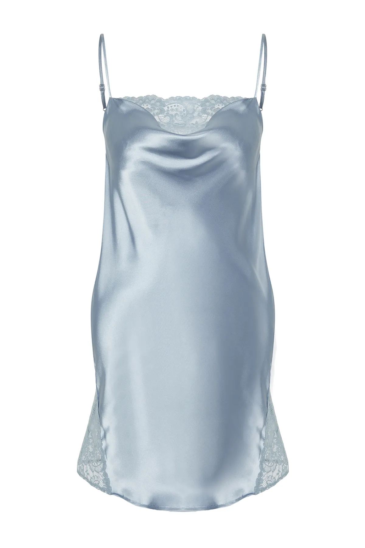Trendyol Collection  Hellblaues Nachthemd aus gewebtem Satin mit Spitze und Degaje-Details, Seilträgern THMSS23GC00012