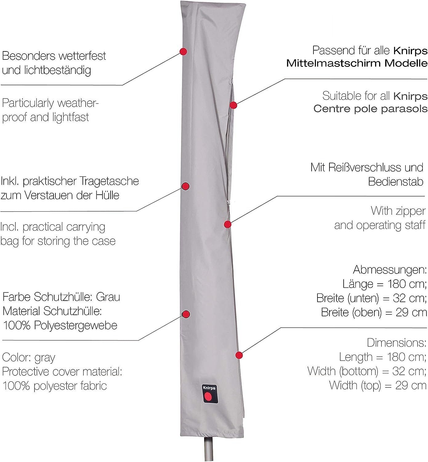 Knirps® Sonnenschirm-Schutzhülle mit Stab wasserdicht wetterfest Schutzhaube für Sonnenschirm (Premium Schutzhülle), mit Stab und Reißverschluss