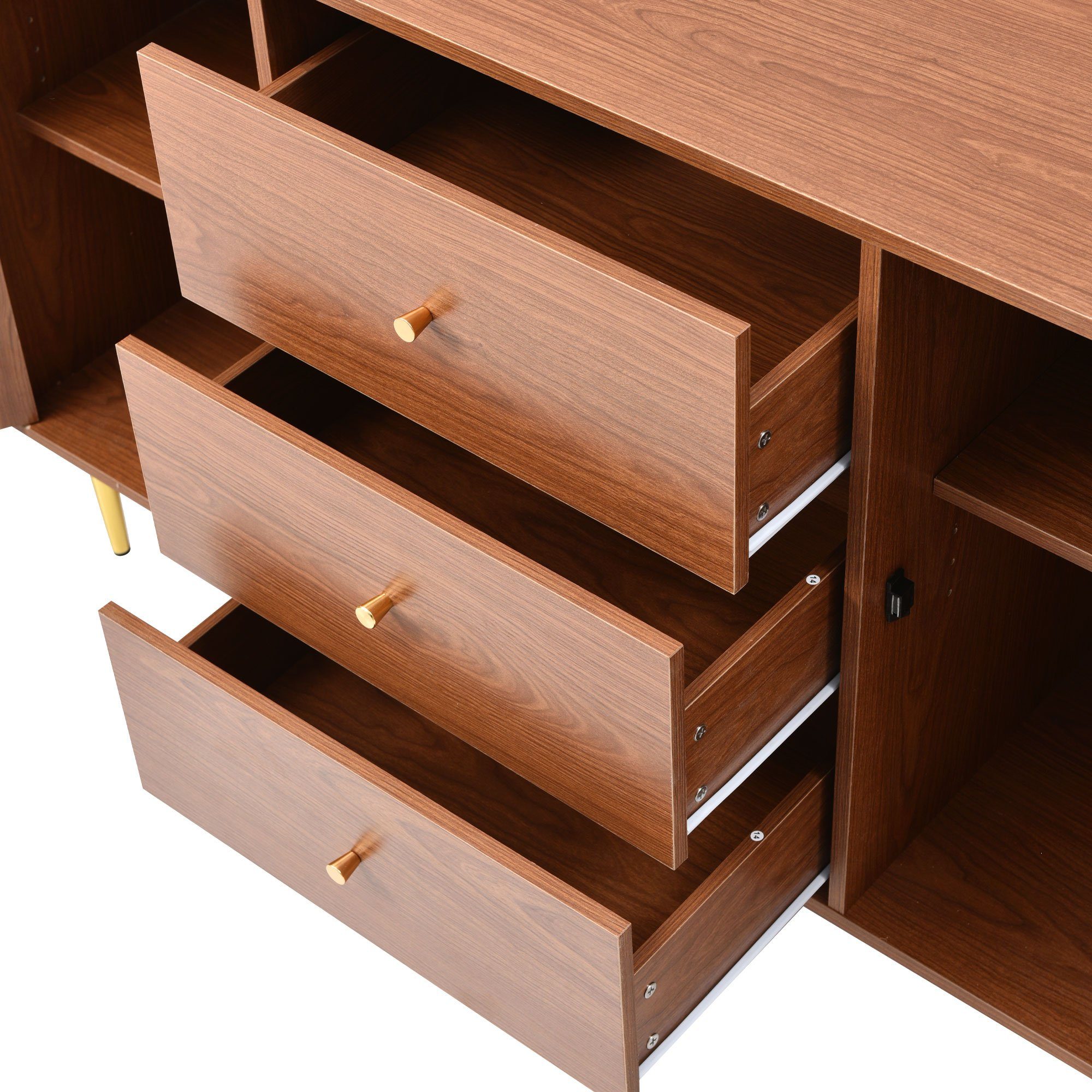 Flieks Kommode, Sideboard 3 Schubladen 2 Türen Rattan Nussbaum 150x40x90cm
