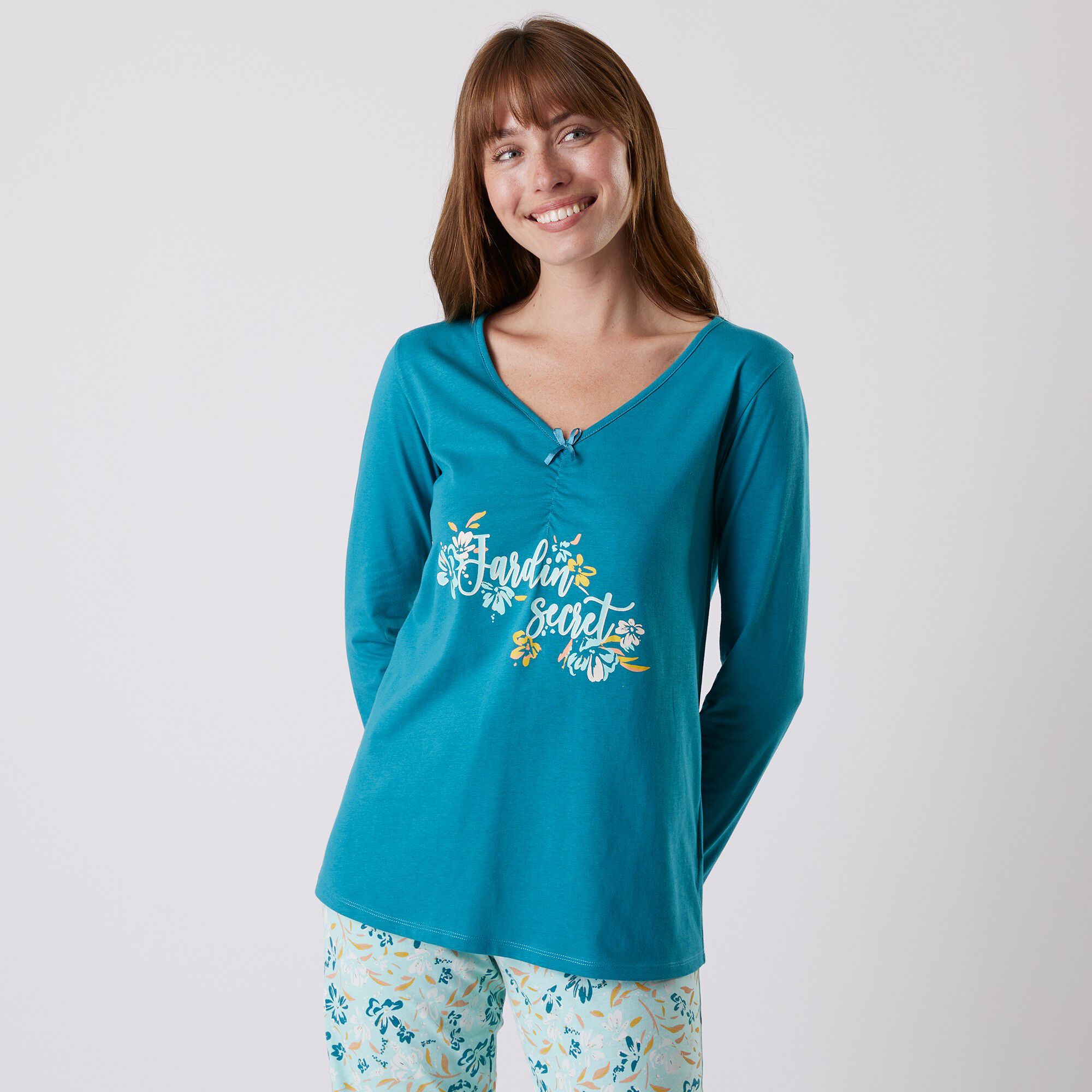 Tee-shirt pyjama manches longues imprimé placé 