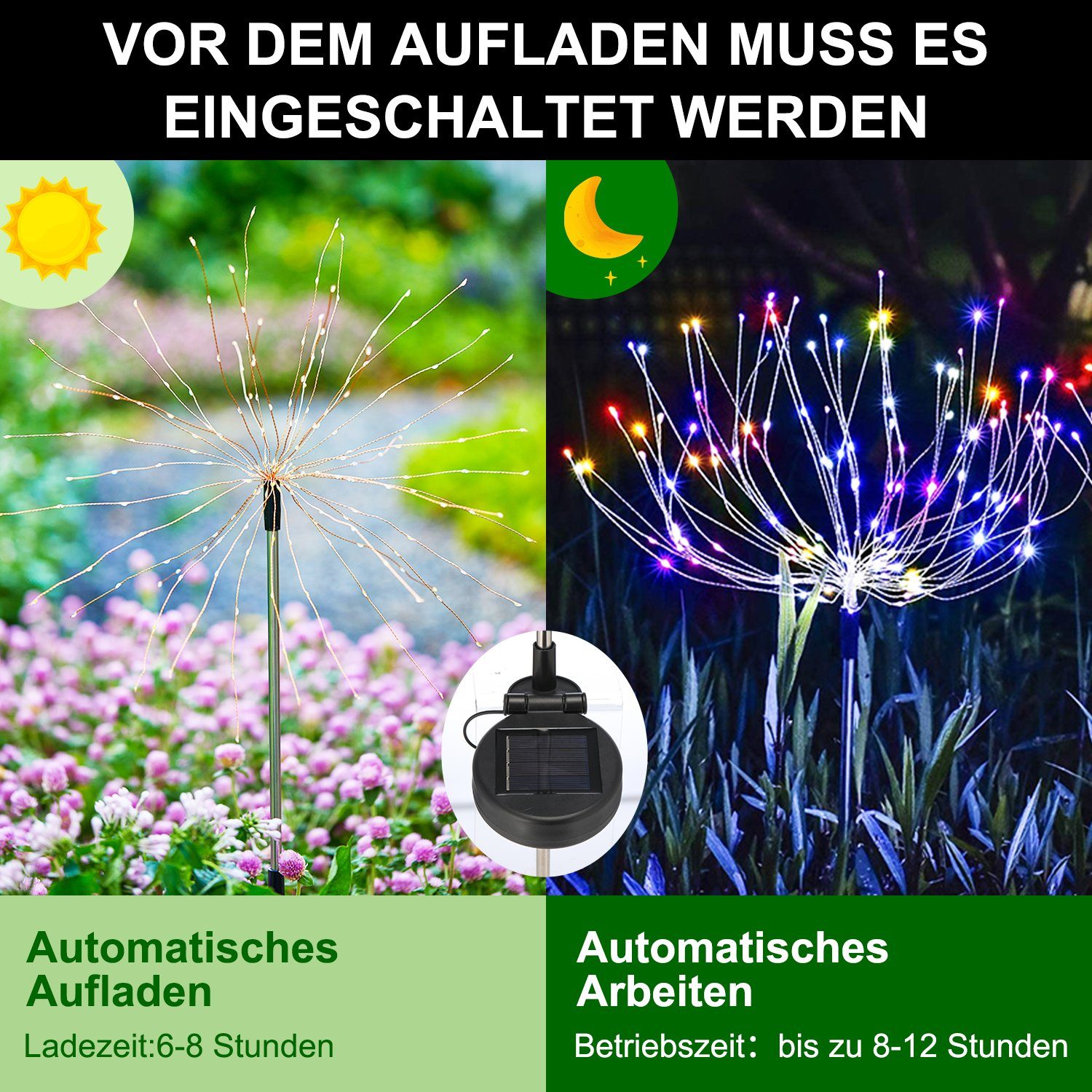 LETGOSPT LED Solarleuchte 2/4x Solar Feuerwerk Lichter 120 LEDs Gartenleuchten, IP65 Wasserdicht, LED fest integriert, bunt, Solarlampen für Außen Garten Terrasse Balkon Rasen Hinterhöfe Weg Deko