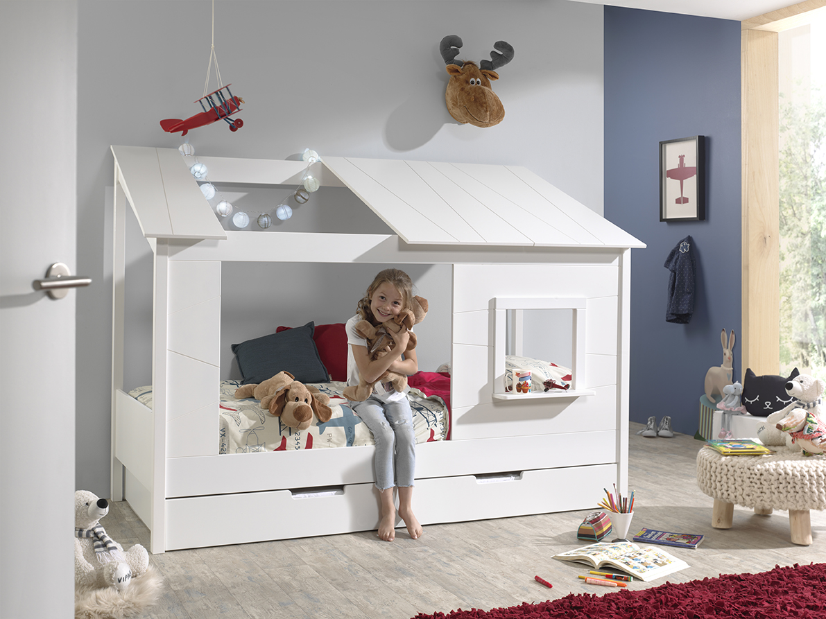 VIPACK Baumhaus Bett 90 x 200 cm Liegefläche und Bettschublade offenes Dach Weiß lackiert