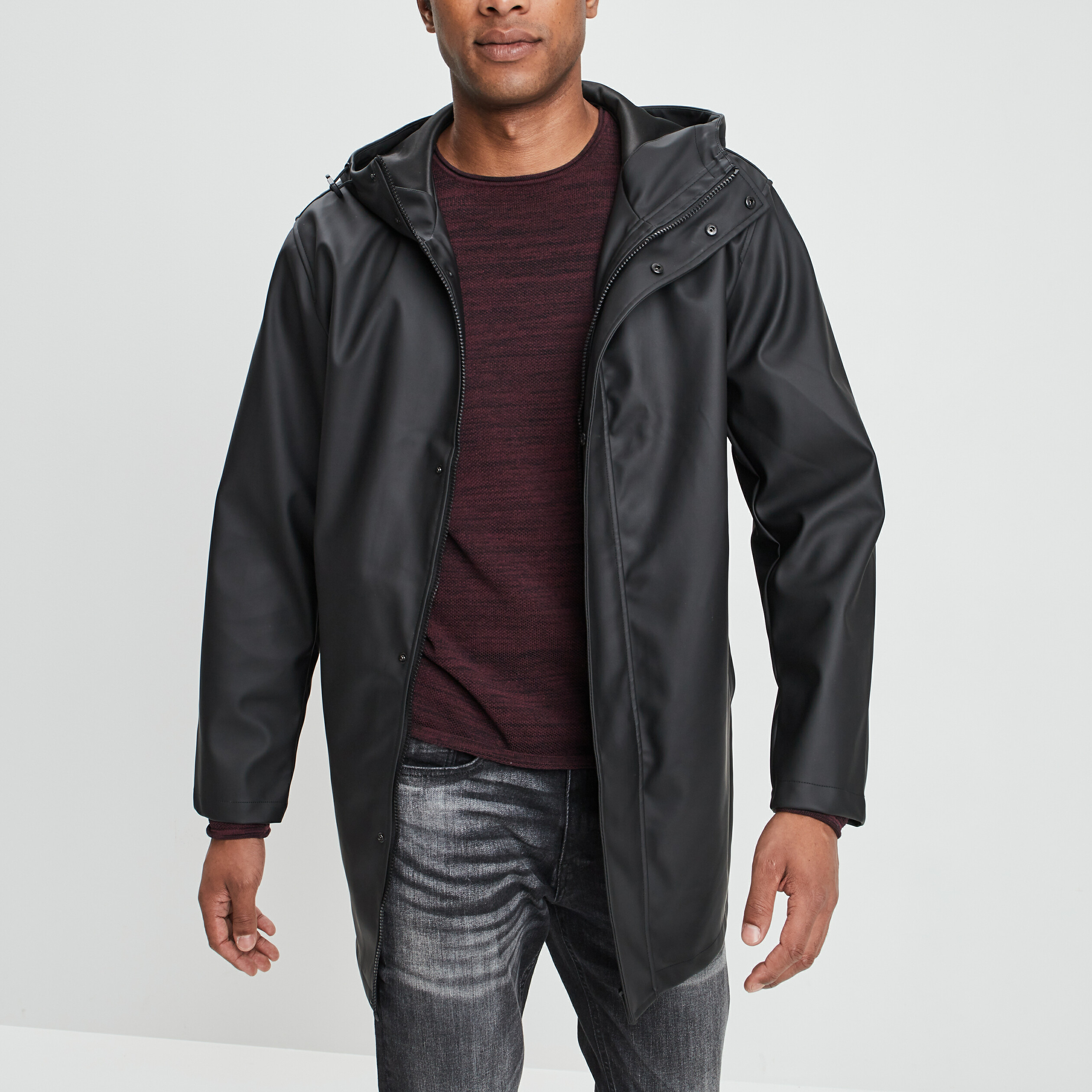 Coupe vent long droit à capuche noir homme | La Halle