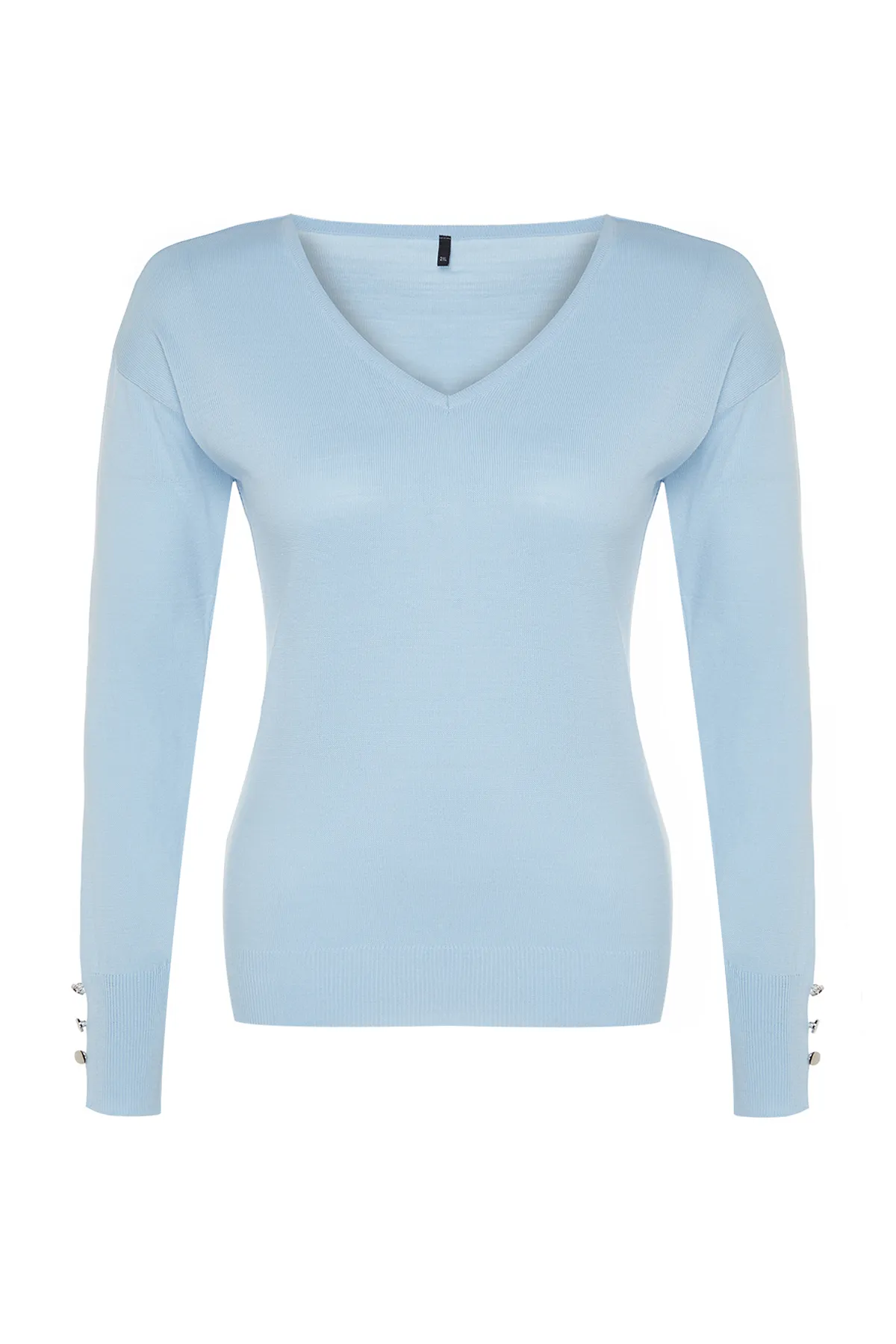 Trendyol Curve  Babyblauer Strickpullover mit V-Ausschnitt und Knopfleiste TBBAW23AN00043
