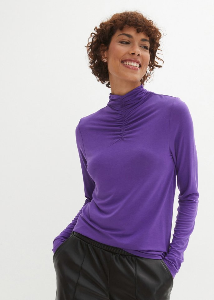 Langarmshirt mit gerafftem Stehkragen