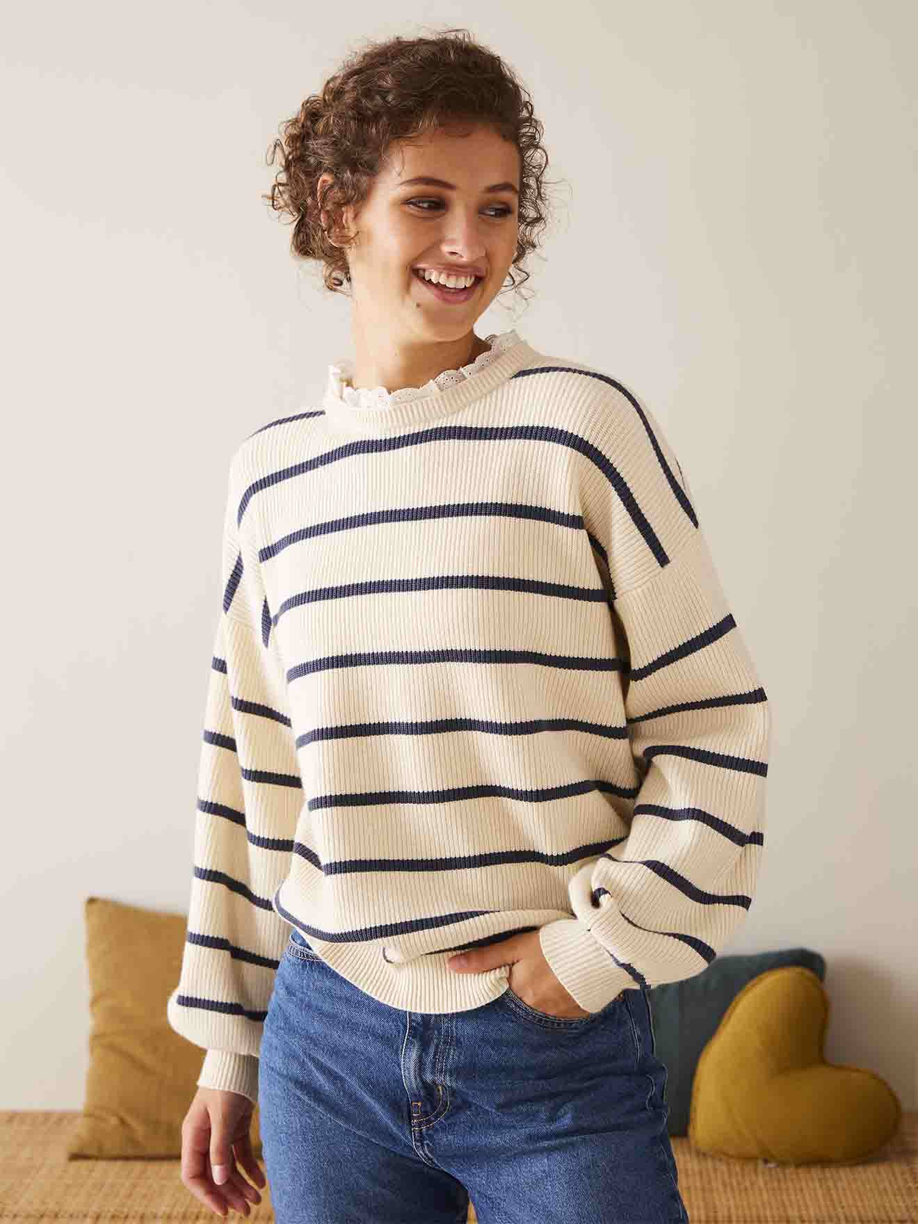 Vertbaudet Umstandspullover mit Volantkragen, Capsule Collection MAMA, TOCHTER & BABY - wollweiß/marine gestreift
