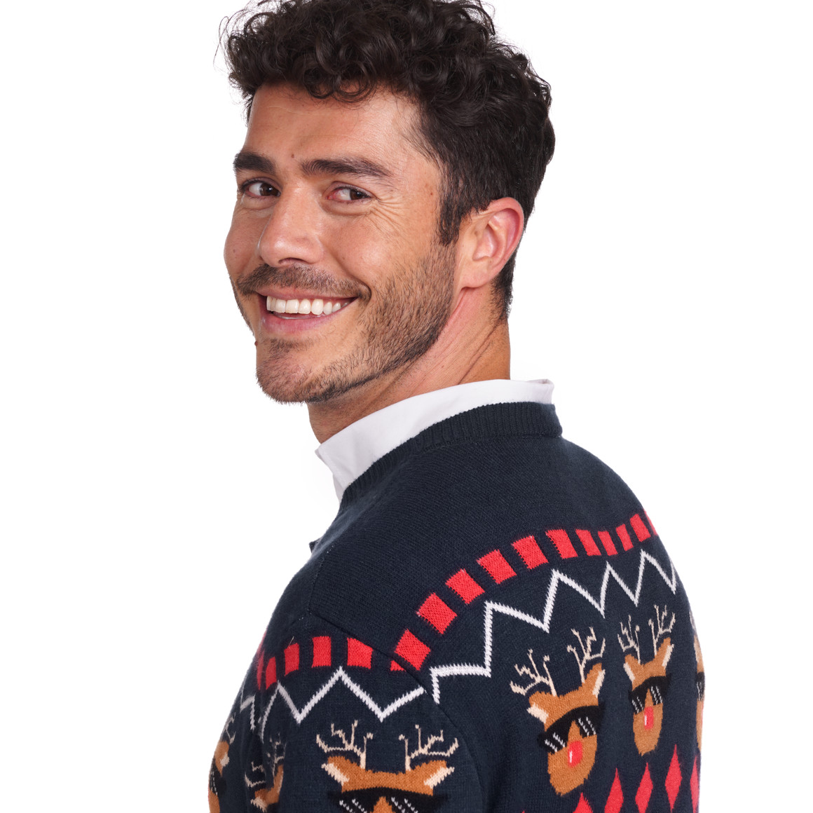 Herren Weihnachtspullover mit Allover-Motiven dunkelblau / rot / grün