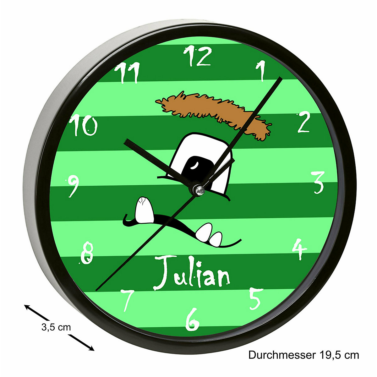 Kinder Wanduhr laufruhig personalisiert mit Name Monster Streifen grün