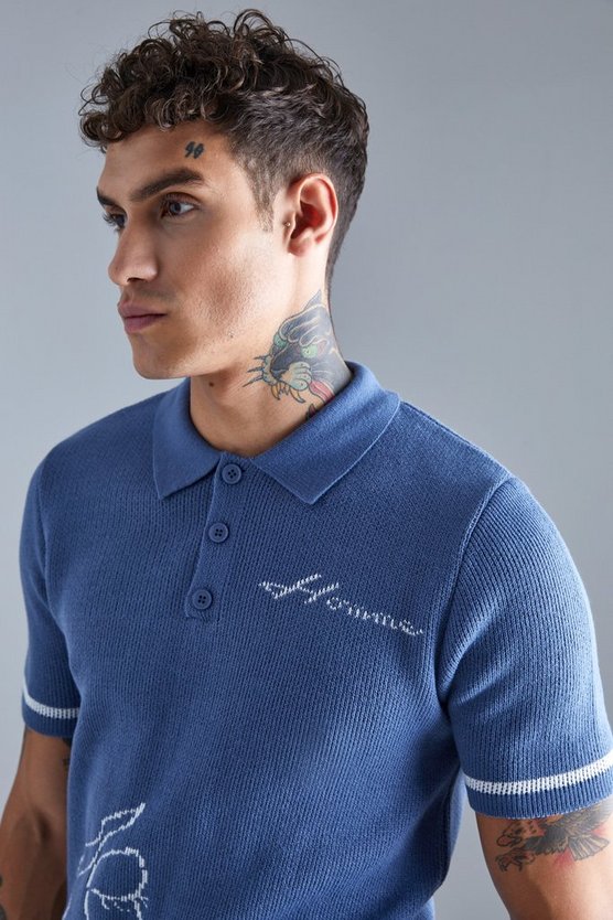 Muscle-Fit Strick-Poloshirt mit Print