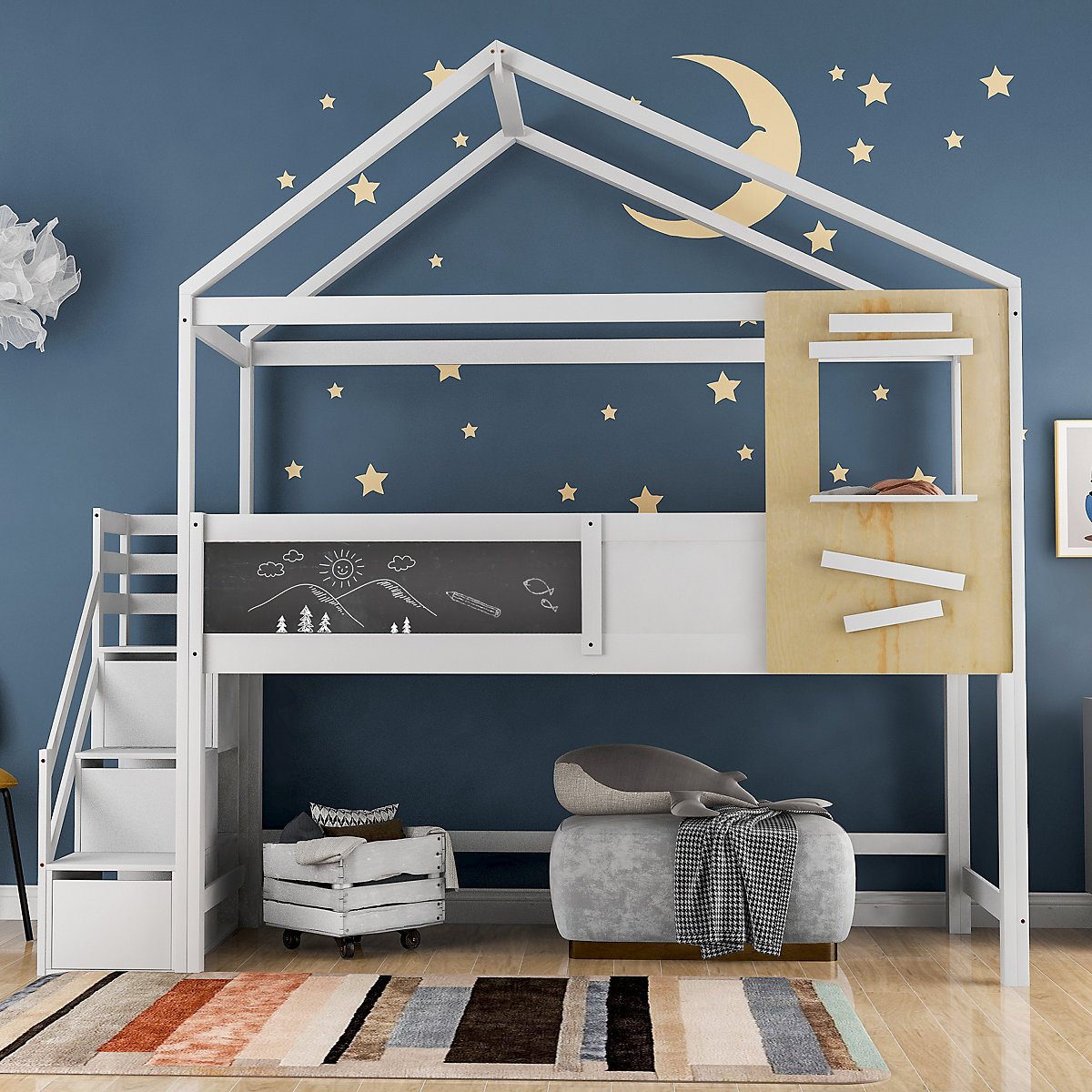 Hochbett 90x200cm mit Treppenschublden und Tafeln aus Massivholz, Kinderbett Spielbett