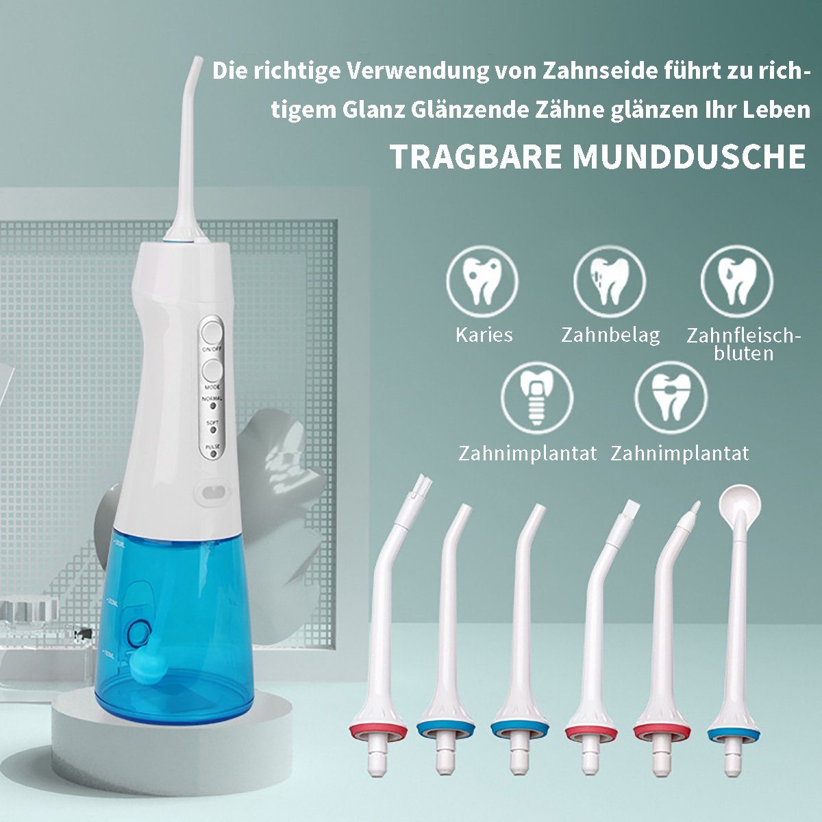 flowgoer Reise-Munddusche Kabellose Munddusche, elektrischer Zahnreiniger, 3 Modi, sechs Düsen, 3 Zubehör, USB-Schnellladung, lange Akkulaufzeit, 300ml Wassertank
