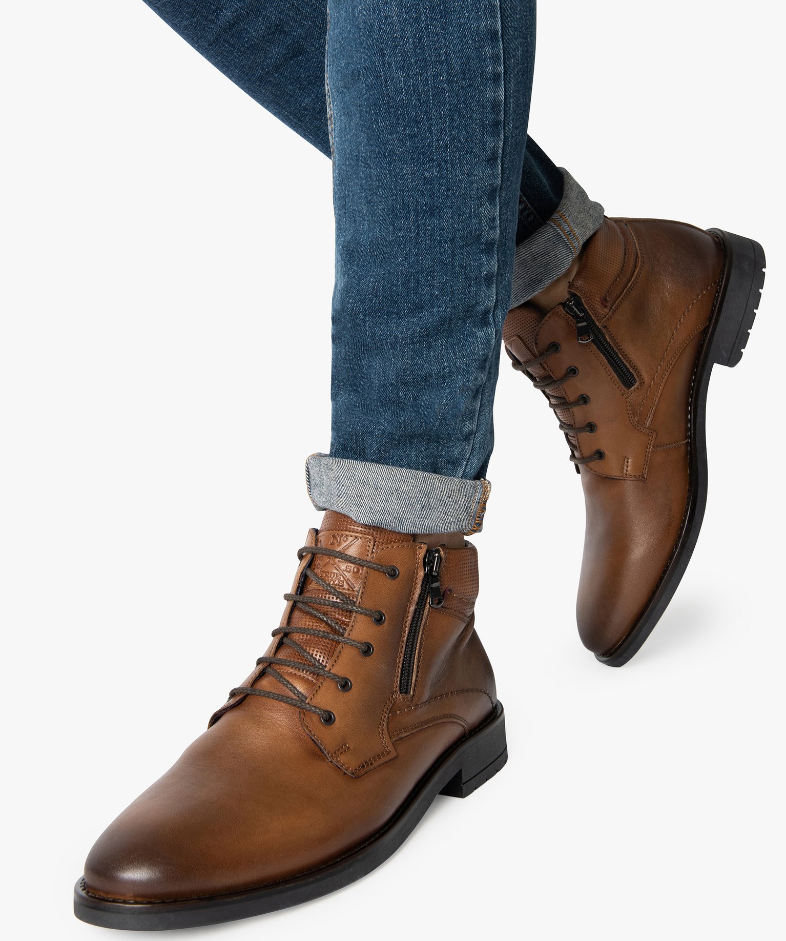 Boots homme en cuir uni fermeture lacets et zip - Tanéo camel | GEMO
