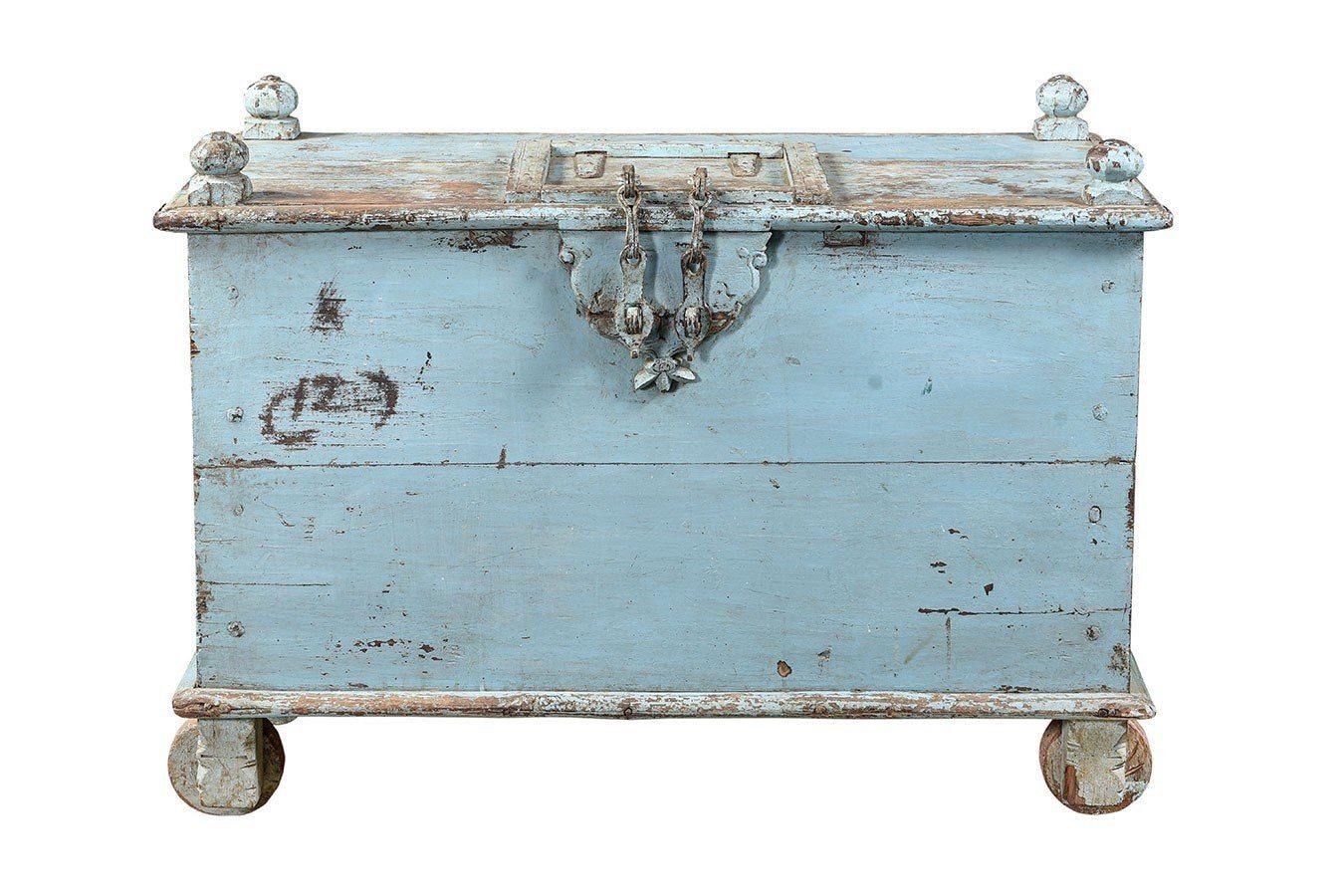 daslagerhaus living Bauernschrank Truhe Vintage hellblau mit Rollen