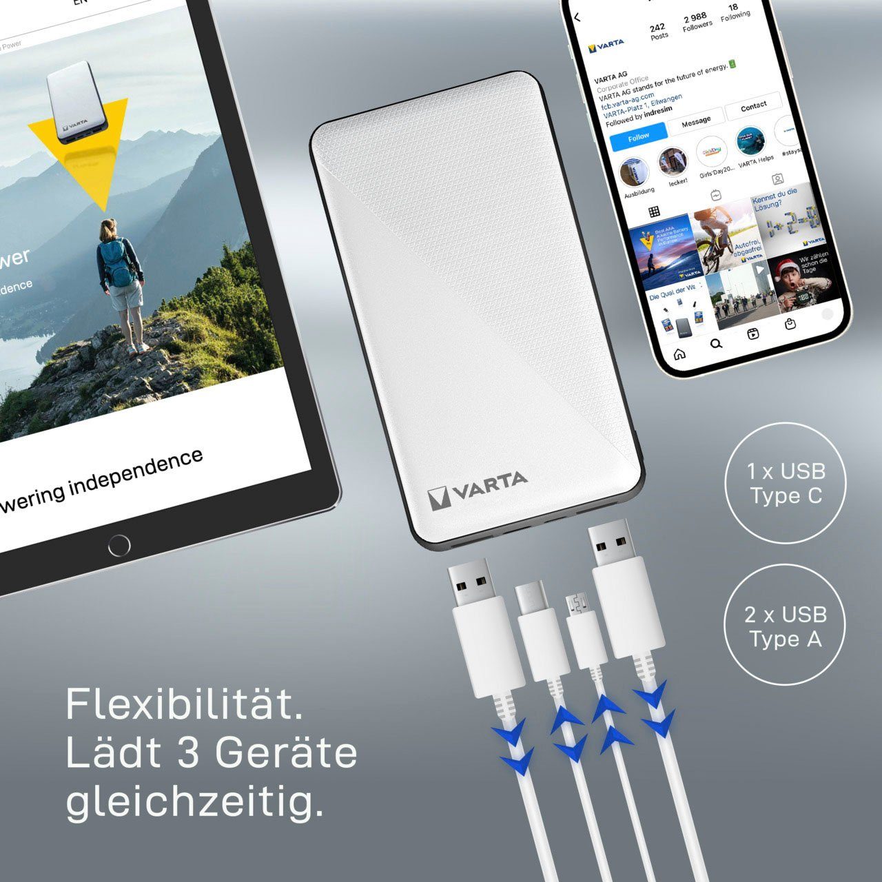 VARTA Power Bank Energy 15000 + Ladekabel 15000mAh Powerbank mit USB Type C Powerbank 15000 mAh (3,7 V, 1 St)
