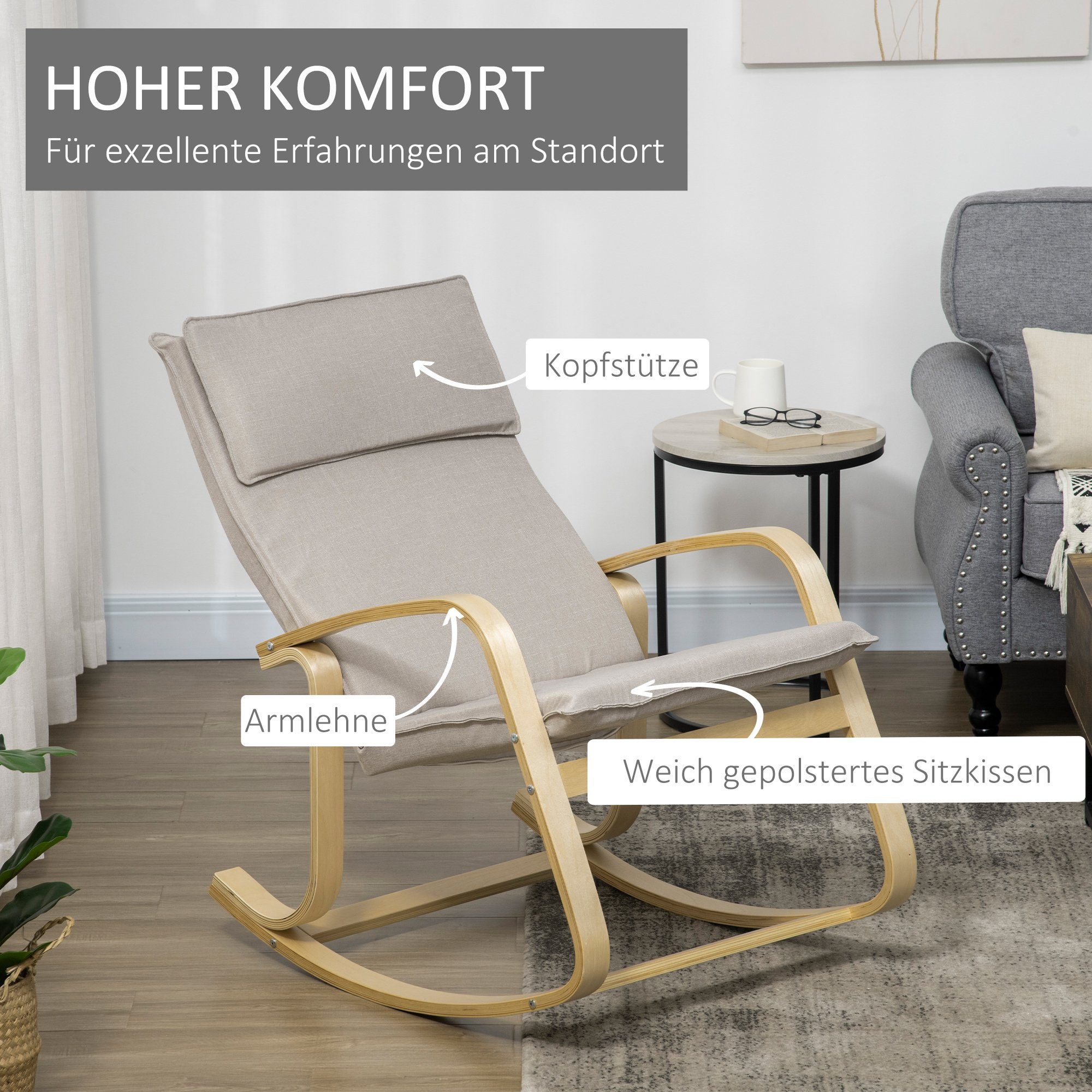 HOMCOM Schaukelstuhl aus Birkenholz 67 cm x 95 cm x 95 cm Grau + Natur (Set, 1 St), aus Holz