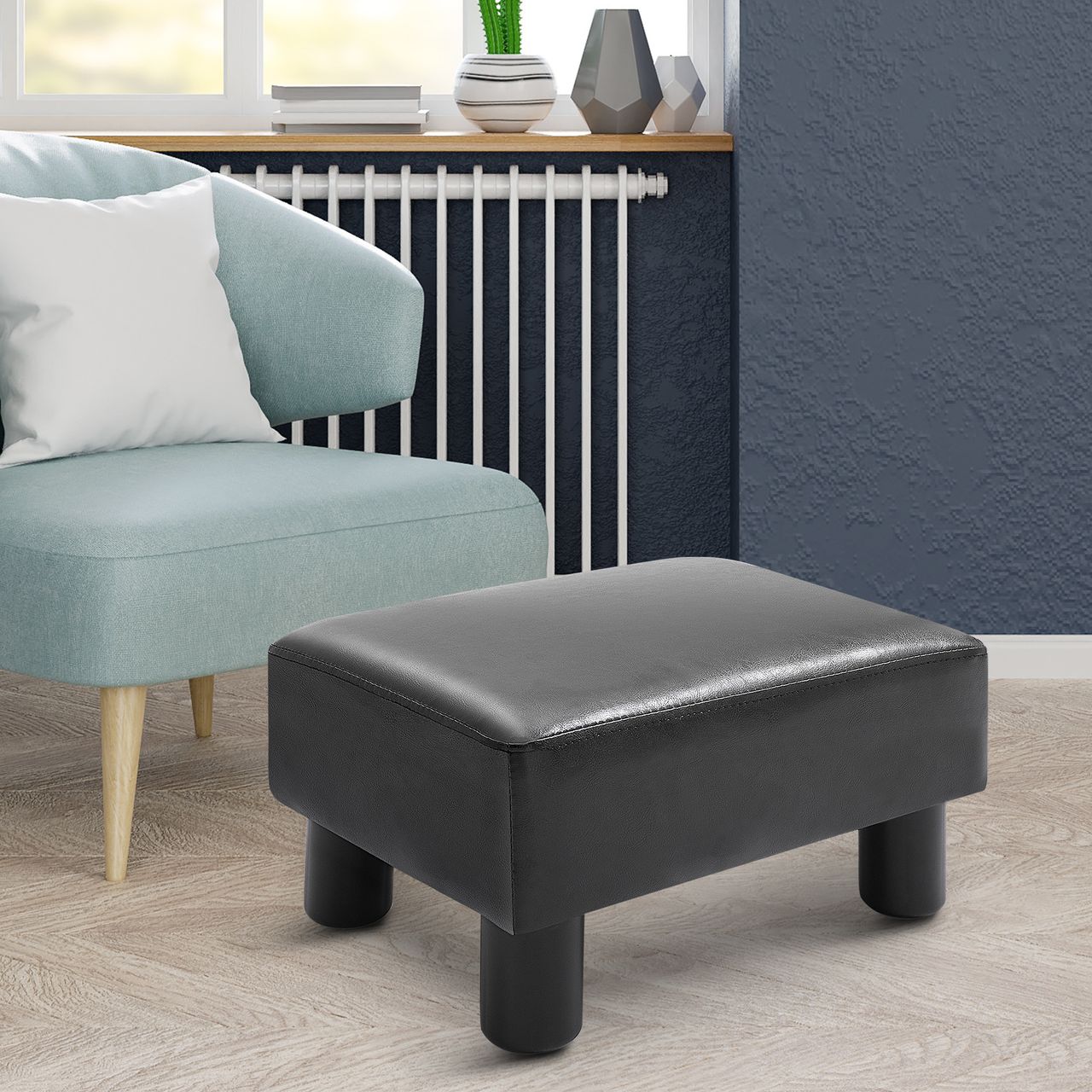 HOMCOM Fußhocker Beinstütze Sitzhocker Eingangbank Rückenfreier Hocker Bank Sitzbank Chesterfield aus Kunstleder Schwarz 40 x 30 x 24 cm