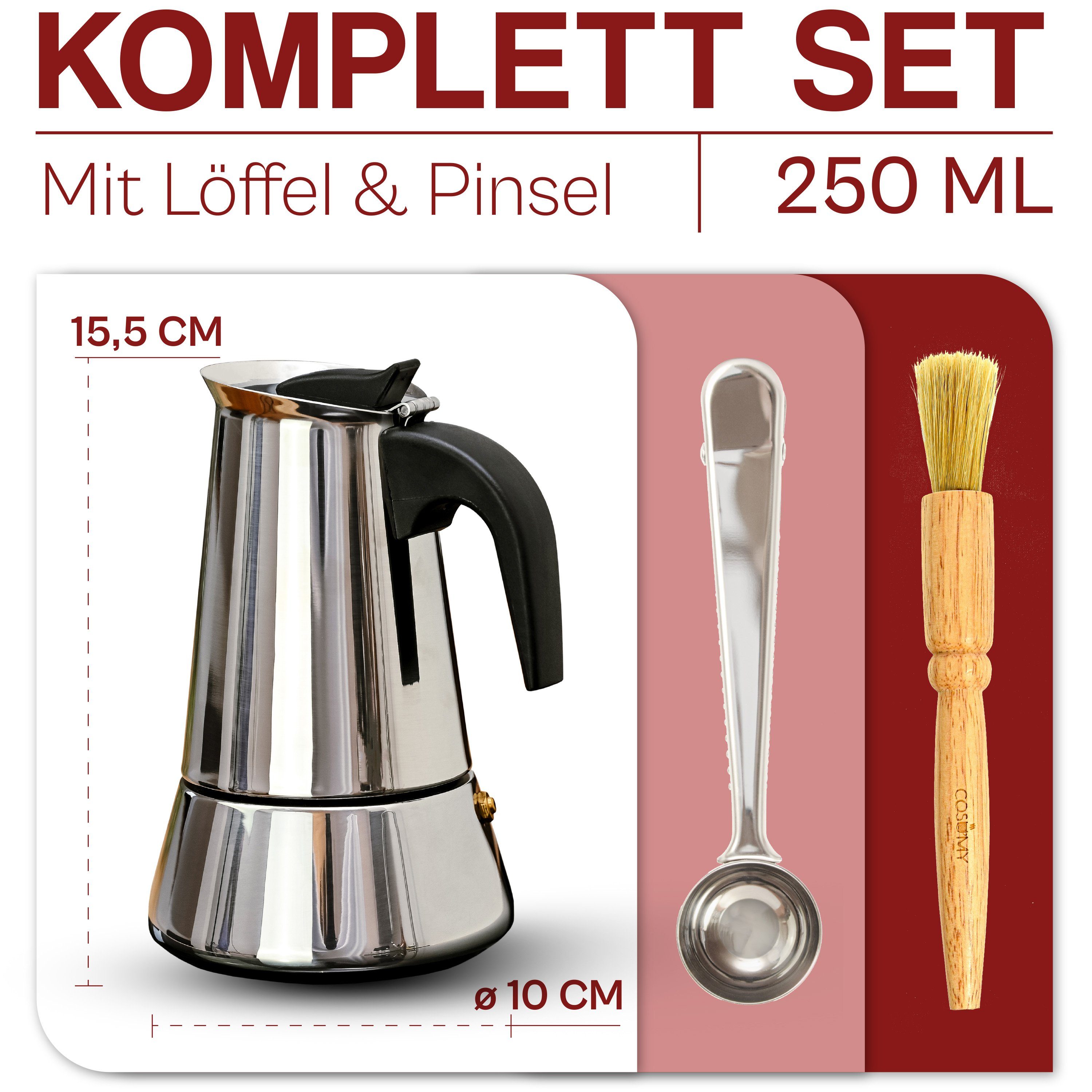 Cosumy Espressokocher Espressokocher 4 Tassen Induktion geeignet, Edelstahl - Mit Dosierlöffel und Bürste