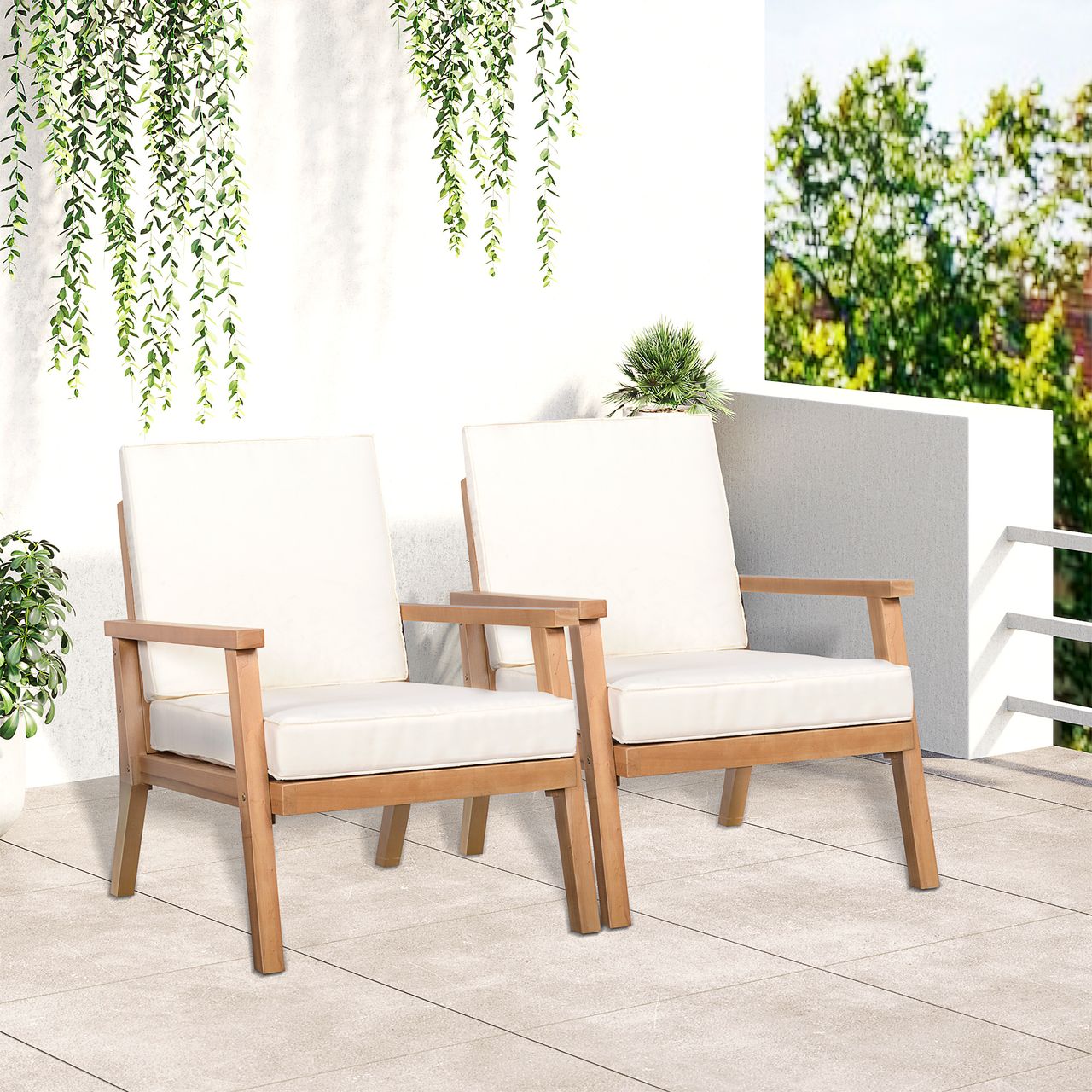 Outsunny 2er-Set Gartenstühle mit Kissen Gartensessel Set Gartenstuhl aus Pappelholz Gartenmöbel Holzstuhl Balkonstuhl Terrassenstuhl Braun Beige 66 x 77,5 x 74,5 cm