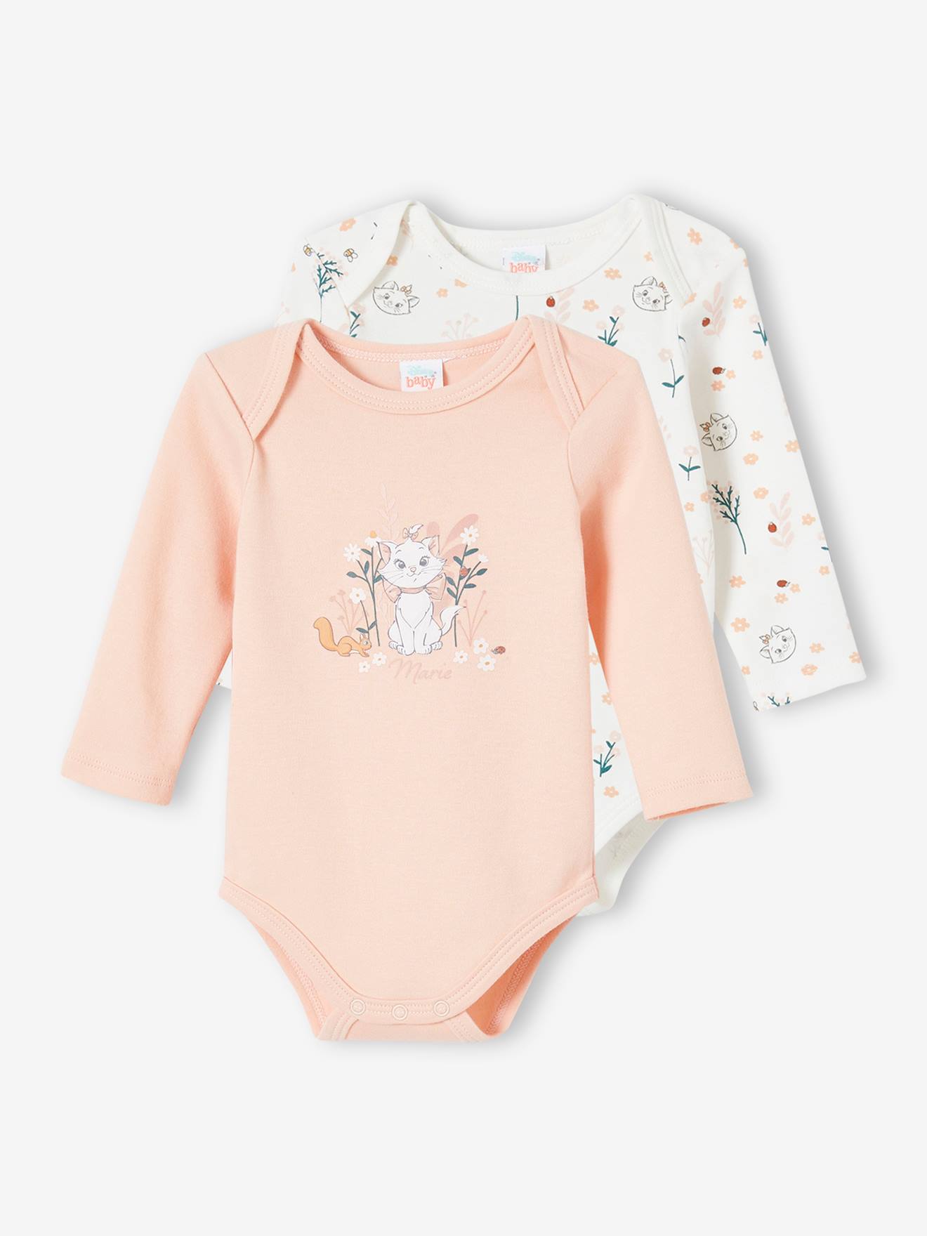 Lot de 2 bodies bébé fille DS® Marie les Aristochats rose clair uni avec decor