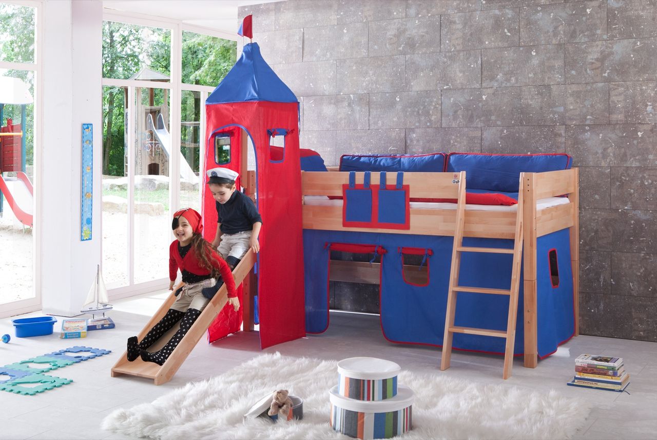 Relita Spielbett KIM 90x200 cm, mit Rutsche und Turm Buche massiv natur lackiert Stoffset blau/rot