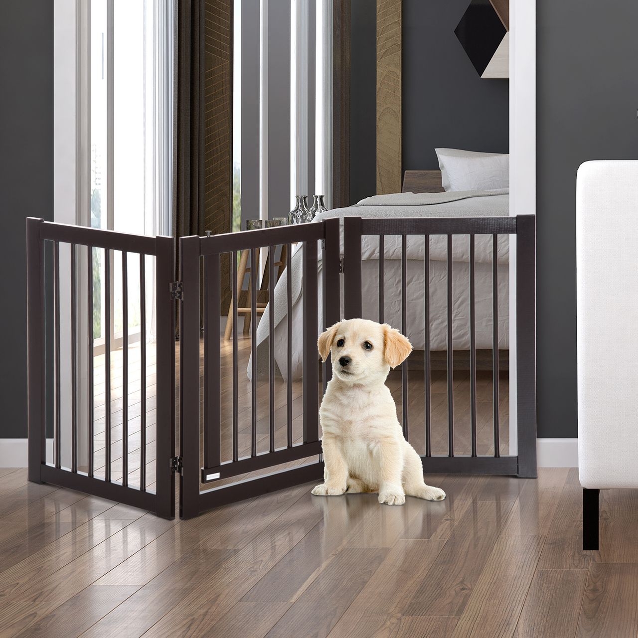 PawHut Absperrgitter für Hunde Schutzgitter Hundegitter Türschutzgitter Dunkelbraun 155 x 1,5 x 76 cm