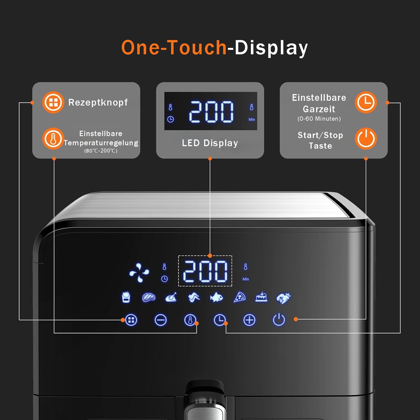 Sinaopus Heißluftfritteuse 7,5L Mini Backofen Airfryer XXL,8 Programmen, LED-Anzeige, 1700,00 W, Einstellbare Temperaturregelung, Sichtbares Sichtfenster