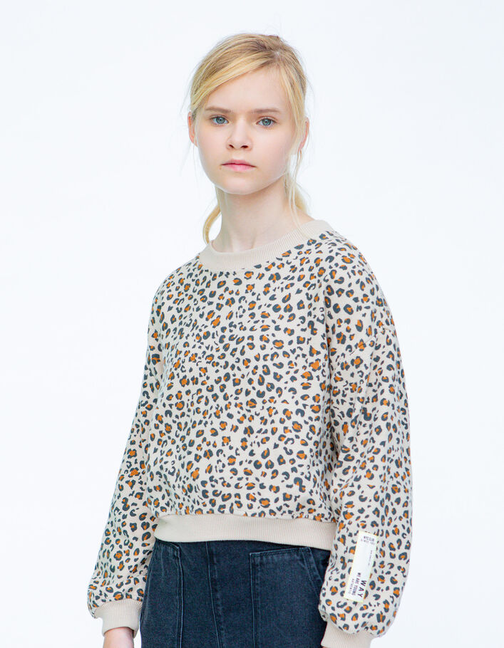 Sweat beige à motif léopard fille
