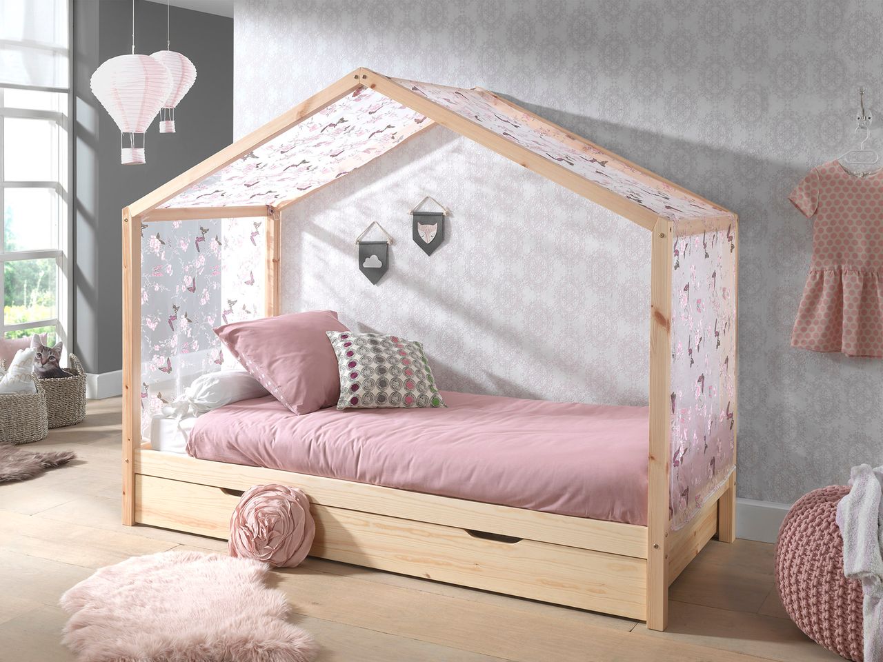 VIPACK Dallas 3 Hausbett 90 x 200 cm Liegefläche inkl. Bettschublade und Textilhimmel, Natur