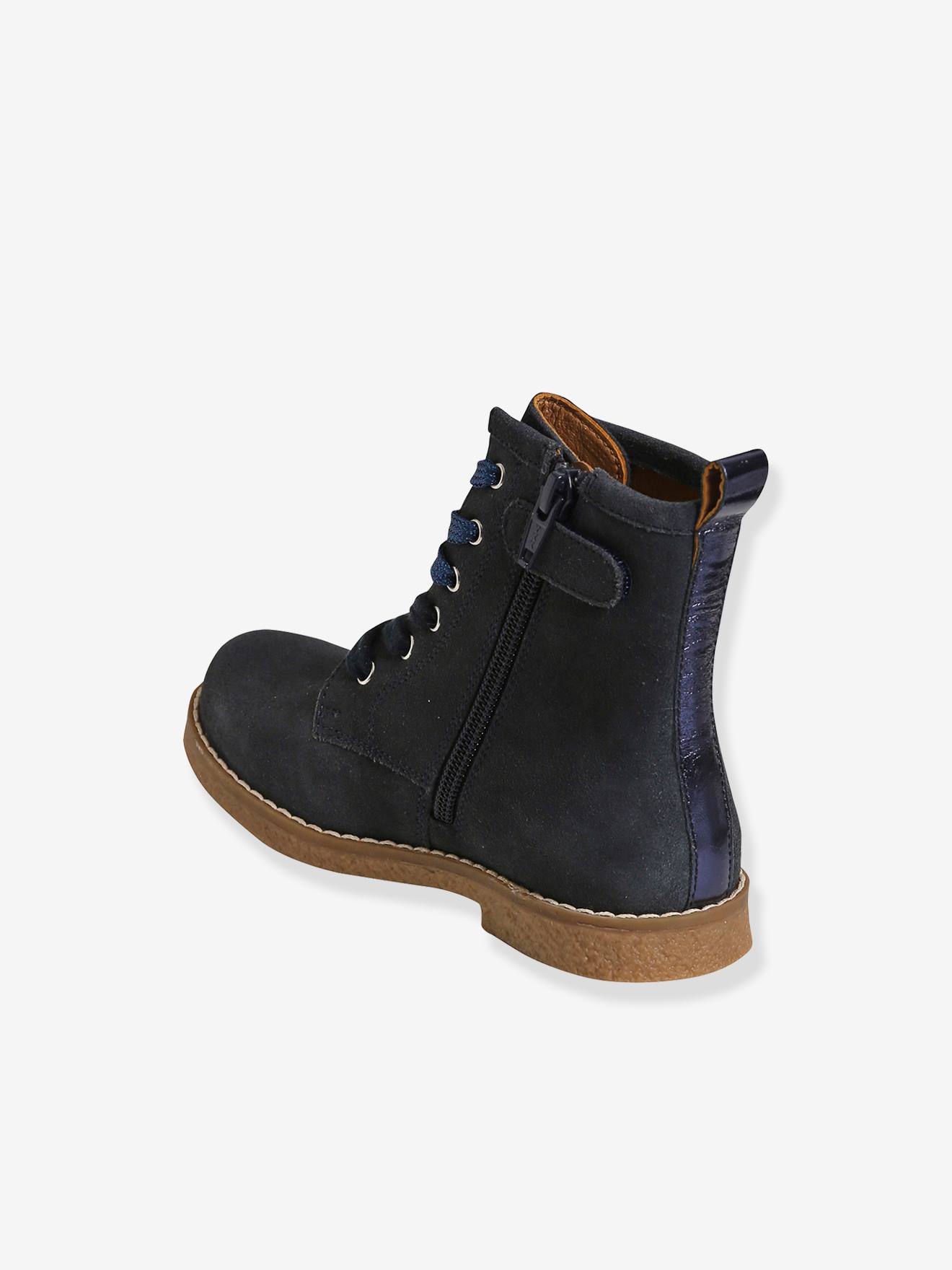 Bottines cuir fille à lacets + glissière kaki