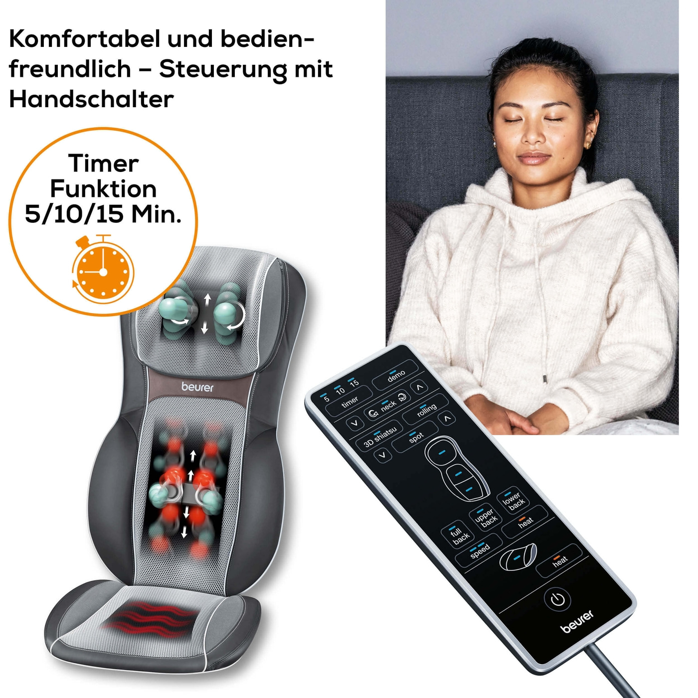 Beurer Shiatsu-Sitzauflage MG 295 HD 3D black-Sitzauflage Massagegerät für Roll-, Nacken- & Rückenmassage mit 3D Wipptechnik