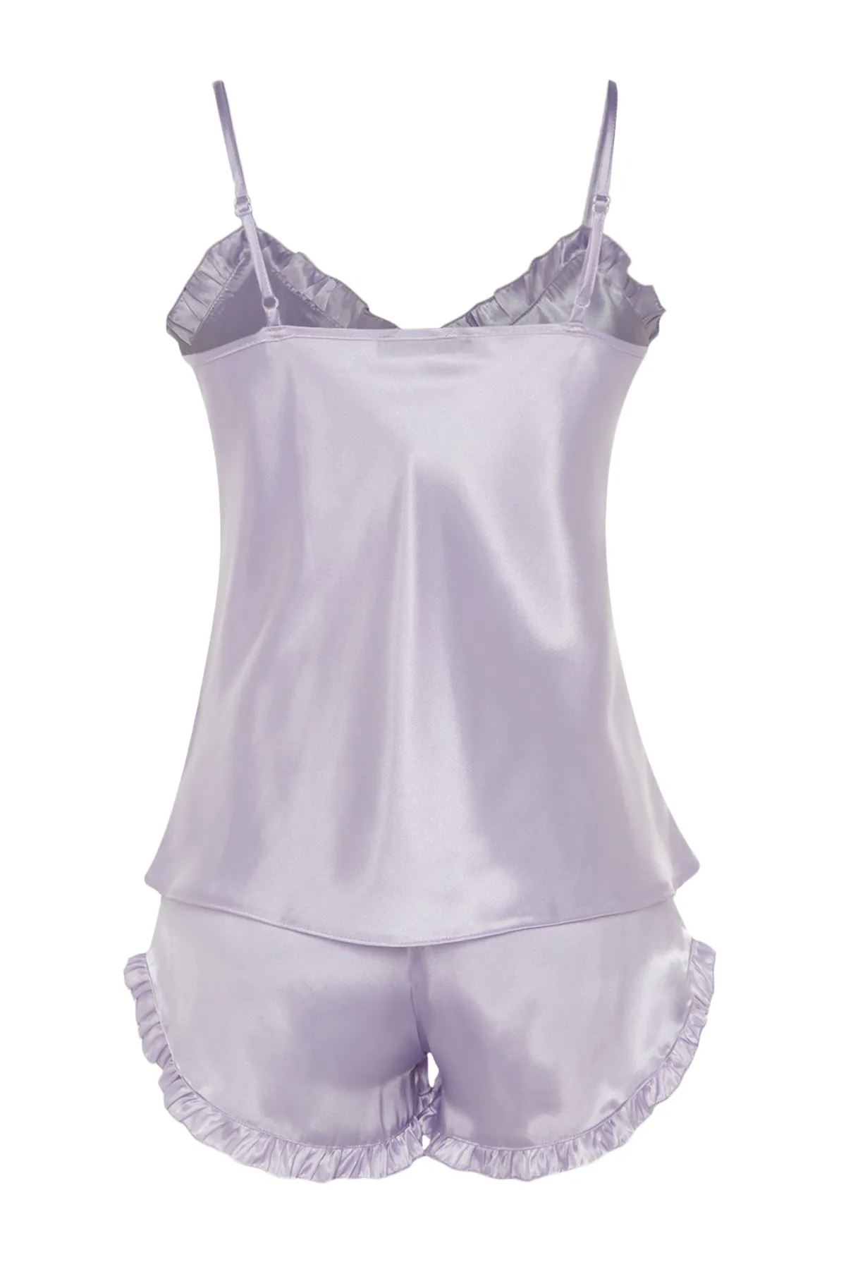 Trendyol Collection  Lila Pyjama-Set aus gewebtem Satin mit Rüschen und Seilträgern THMSS22PT0274