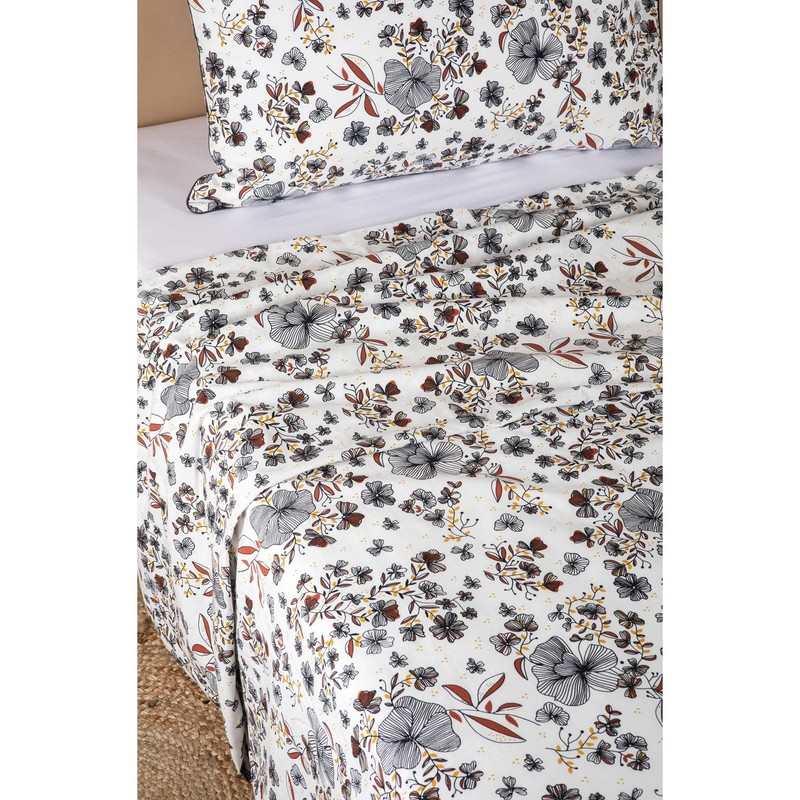 Drap plat 1 personne en Coton Bio Flora 180 x 290 cm