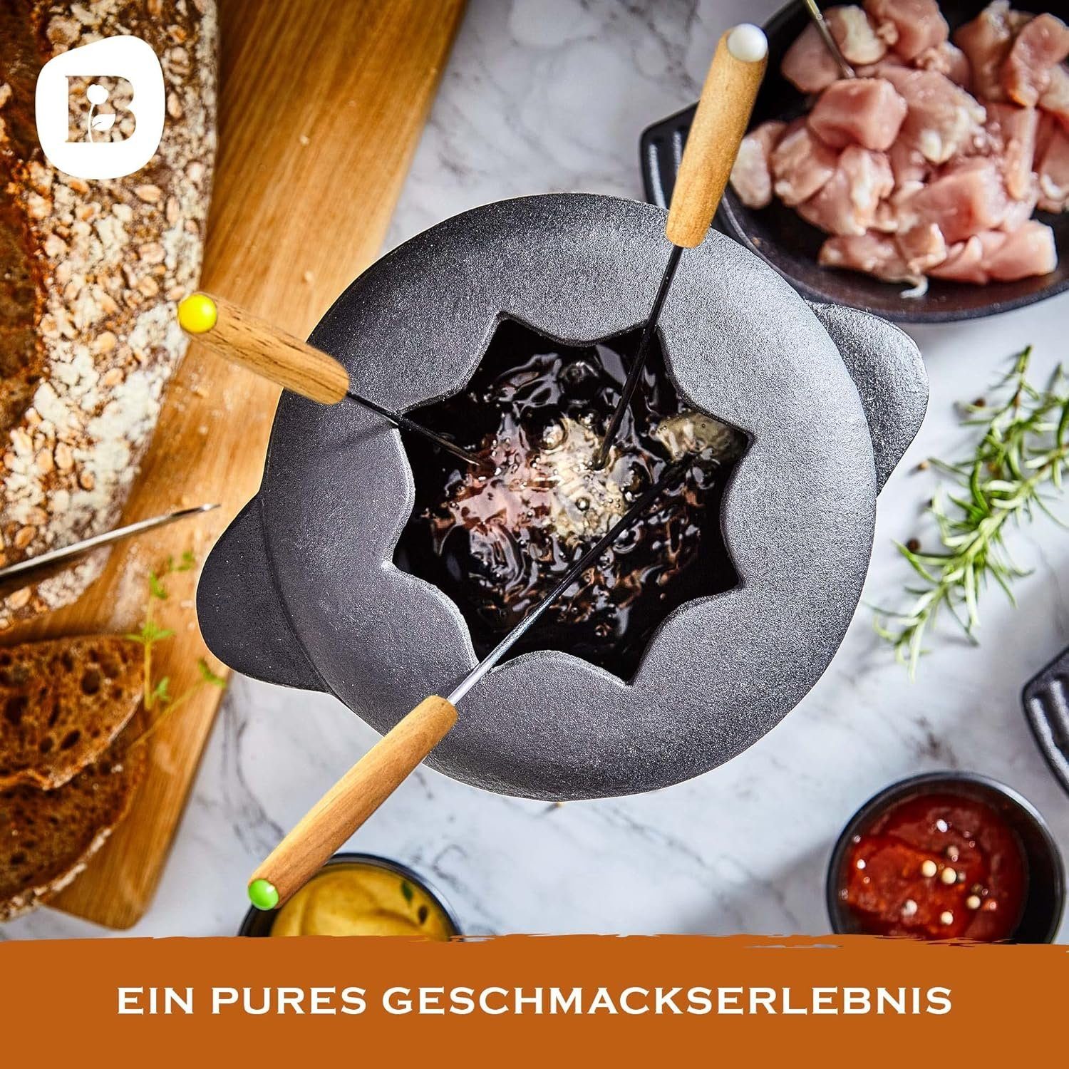 Bonvivre Raclette und Fondue-Set für 6 Personen, 1 Liter, 13-teilig mit Brenner und 6 Gabeln, Käsefondue Schokofondue Fleischfondue Gemüsefondue