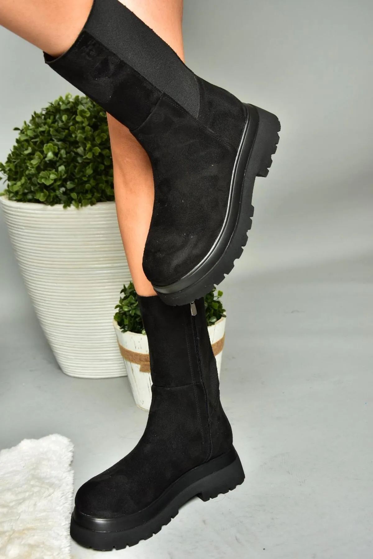 Fox Shoes  R267043102 Schwarze Wildleder-Stretch-Damenstiefel mit dicken Sohlen