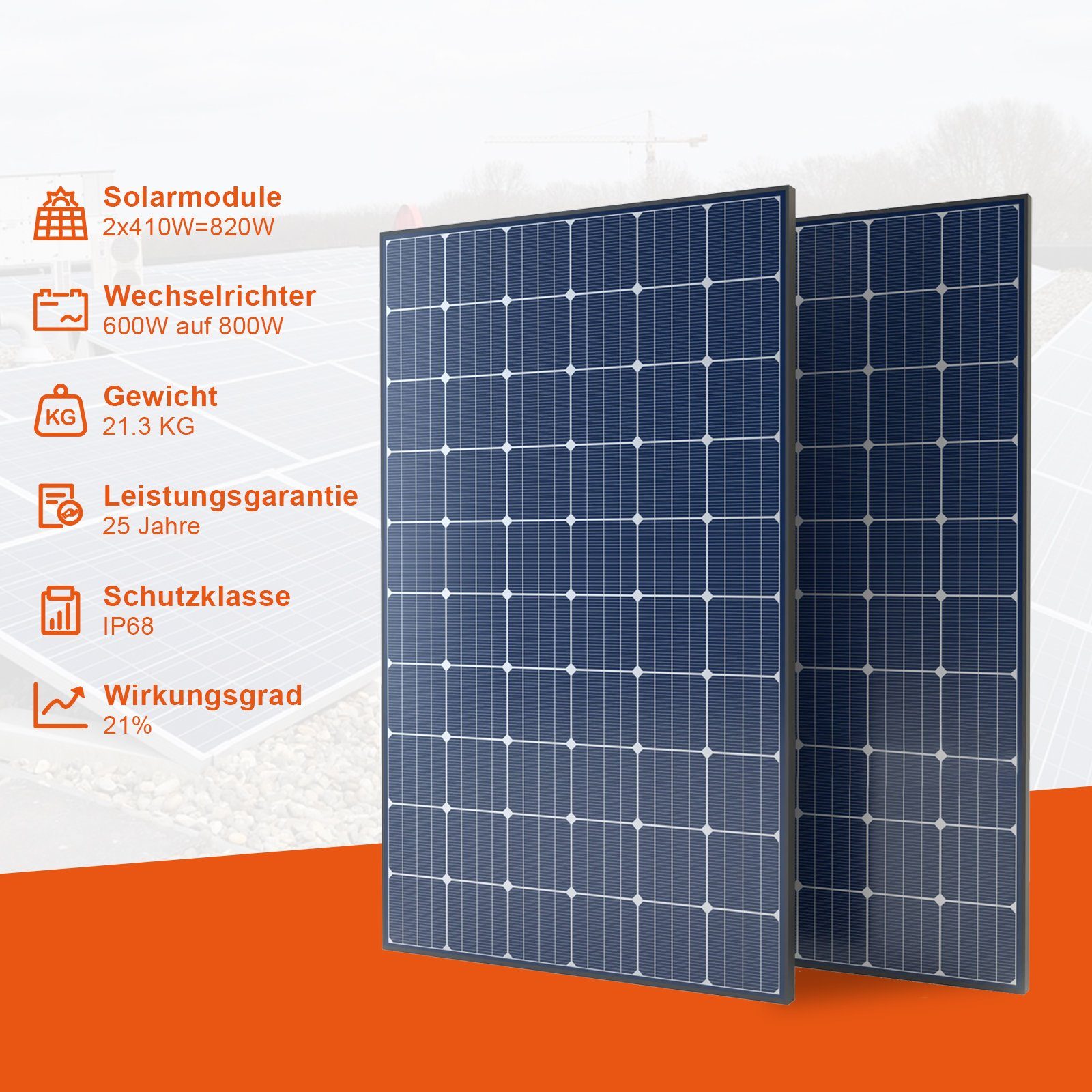 Hanstars Solaranlage Balkon Solar-Stromerzeugermodul 820W ( 800W) , (Hochleistungs-Photovoltaik-Panel und Mikro-Wechselrichter Set), für Effiziente und Nachhaltige Energieerzeugung