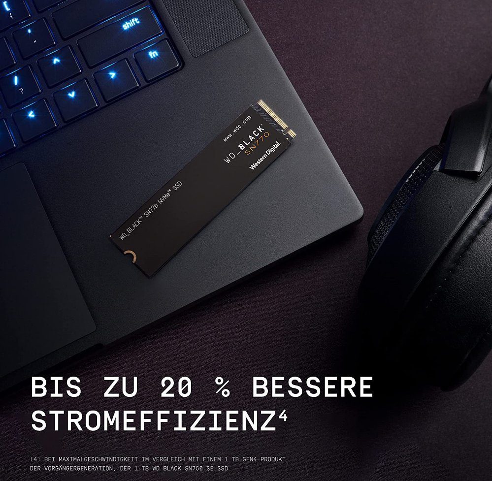 WD_Black SN770 NVMe Gaming-SSD (250 GB) 5150 MB/S Lesegeschwindigkeit, 4900 MB/S Schreibgeschwindigkeit, Formfaktor: M.2 2280