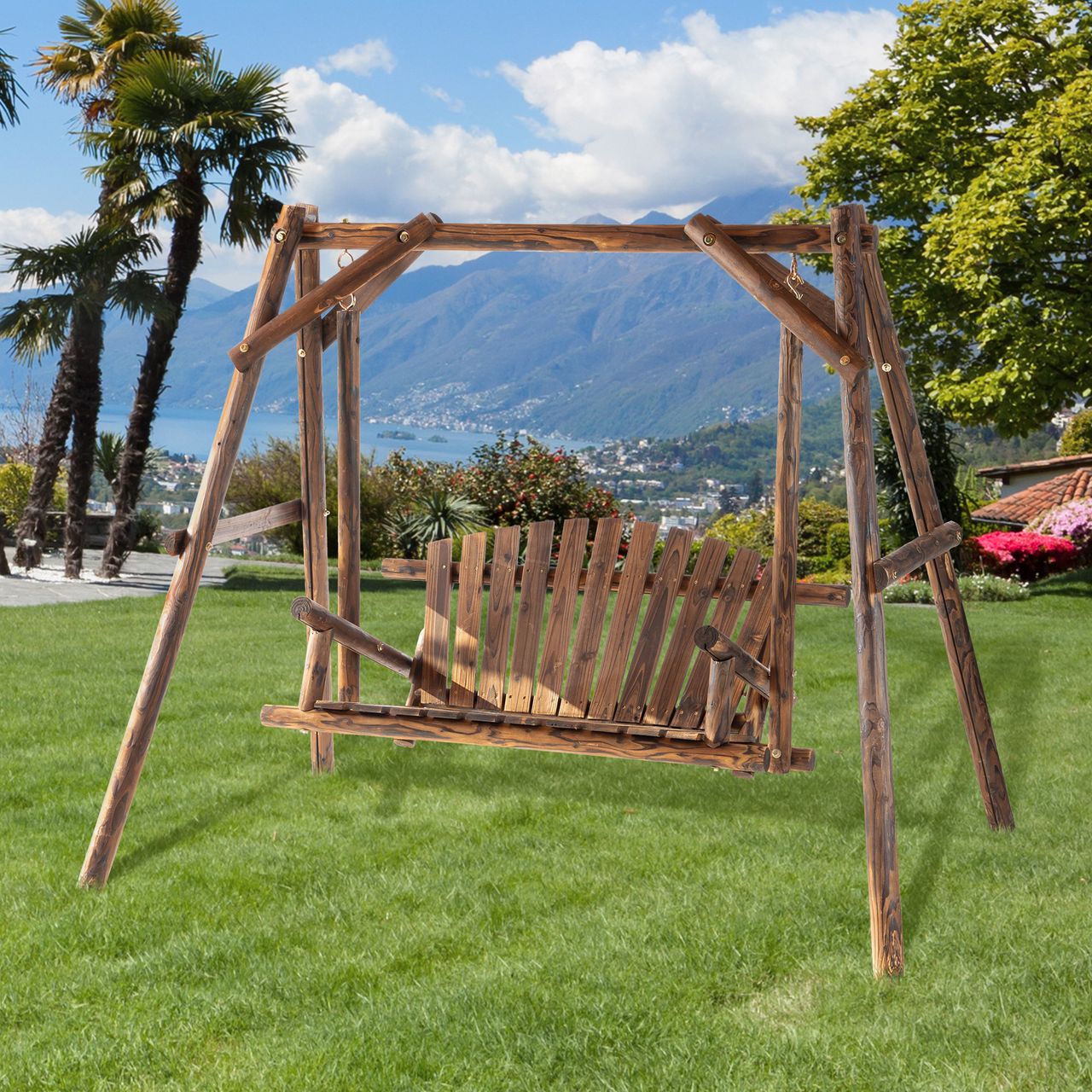 Outsunny Hollywoodschaukel Gartenschaukel 2-Sitzer Schaukelbank Massivholz Natur