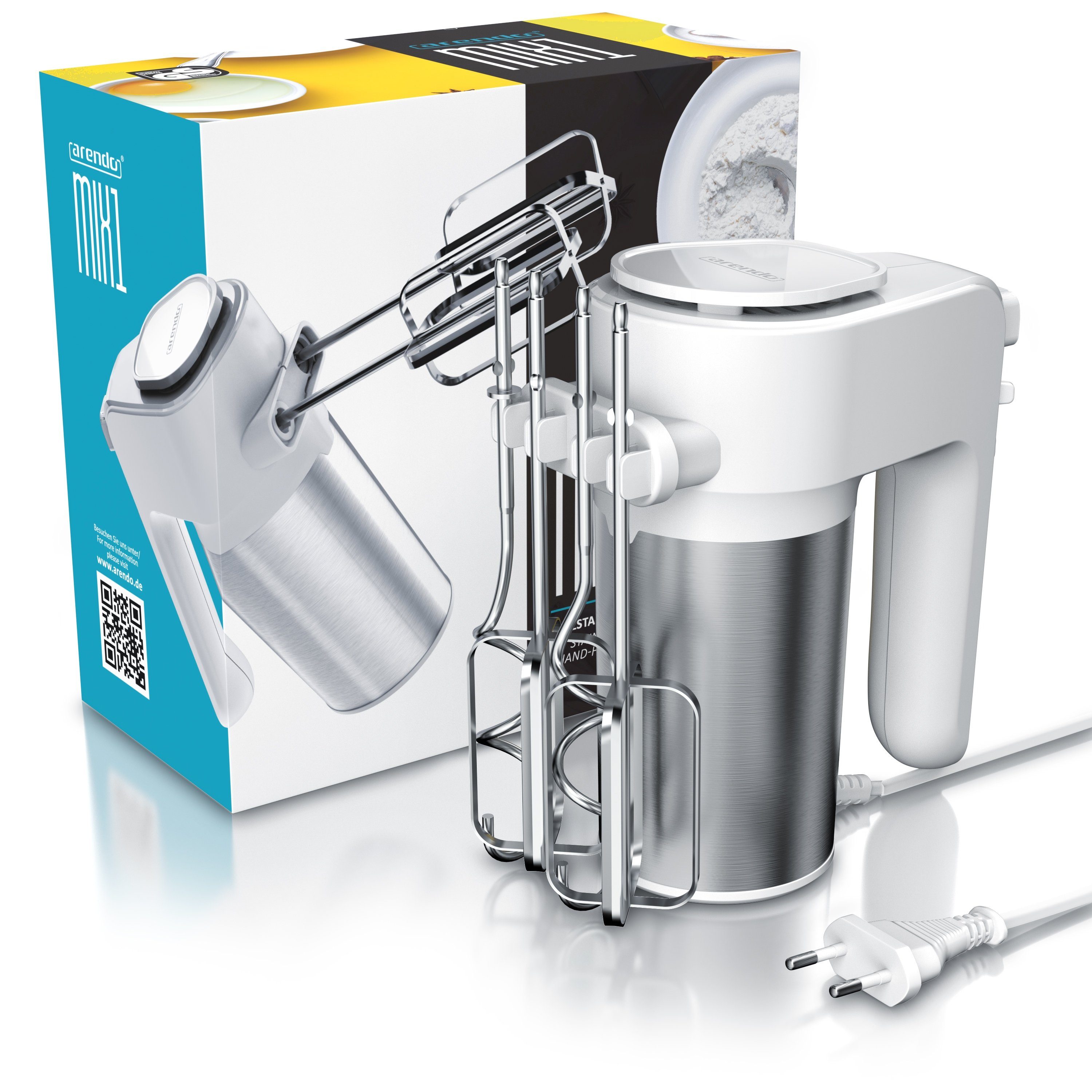 Arendo Handmixer, 400 W, inkl. 2 x Quirle und 2 x Knethaken aus Edelstahl