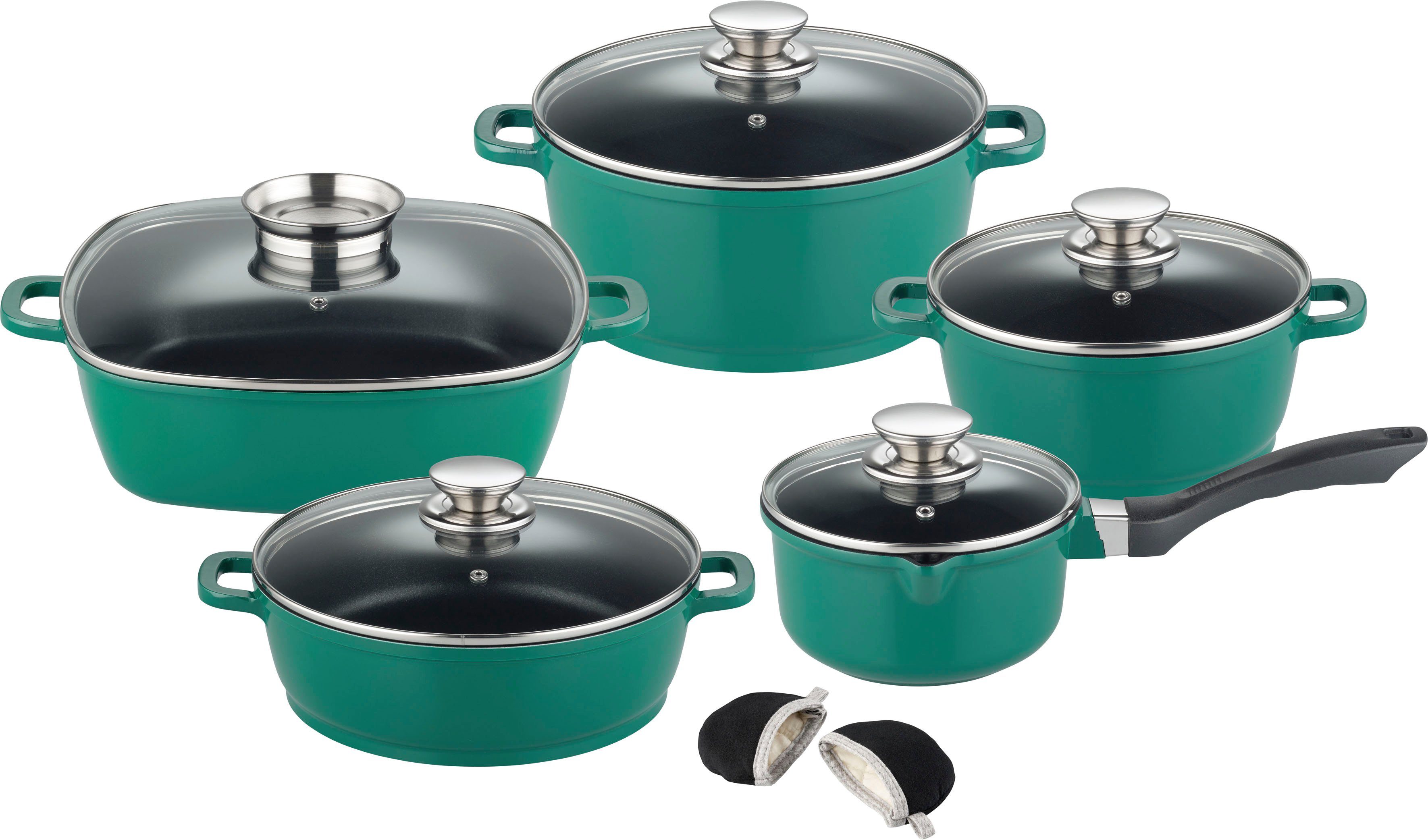 GSW Topf-Set Gourmet Green, Aluminiumguss (Set, 12-tlg), mehrfache, langlebige Antihaft-Versiegelung, Edelstahl-Knöpfen