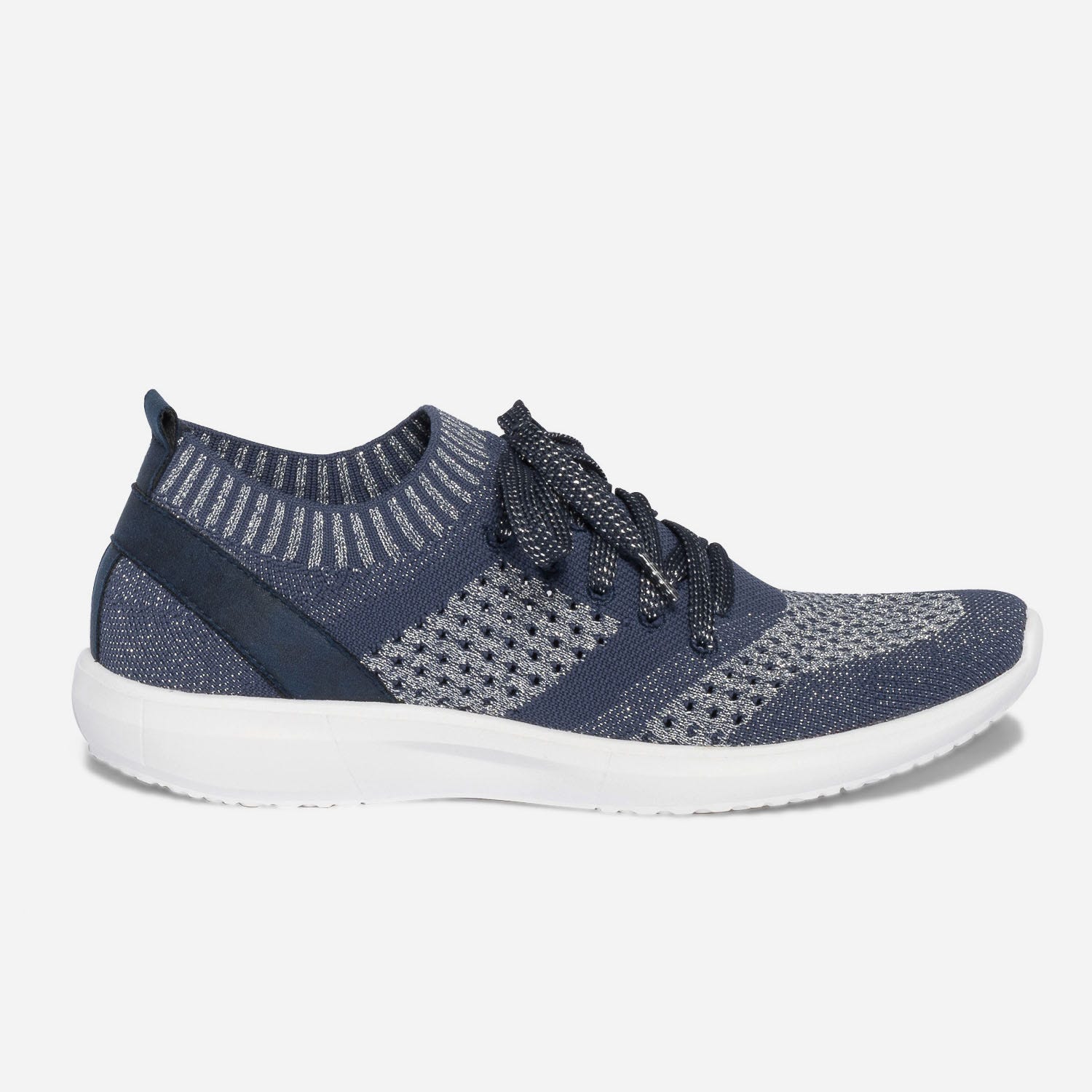 Tennis-chaussette bleue et argentée tricotée éco-conçue