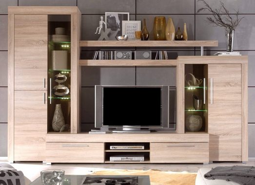 trendteam Wohnwand Boom, (Schrankwand Eiche Sonoma Dekor, 308 x 210), inklusive LED Beleuchtung