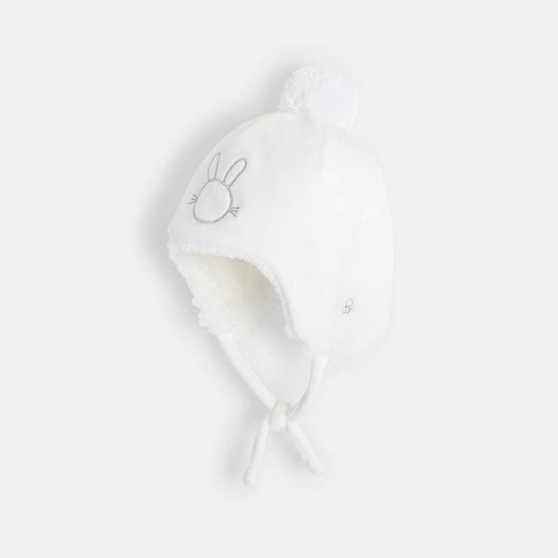 Bonnet polaire fourré brodé blanc naissance